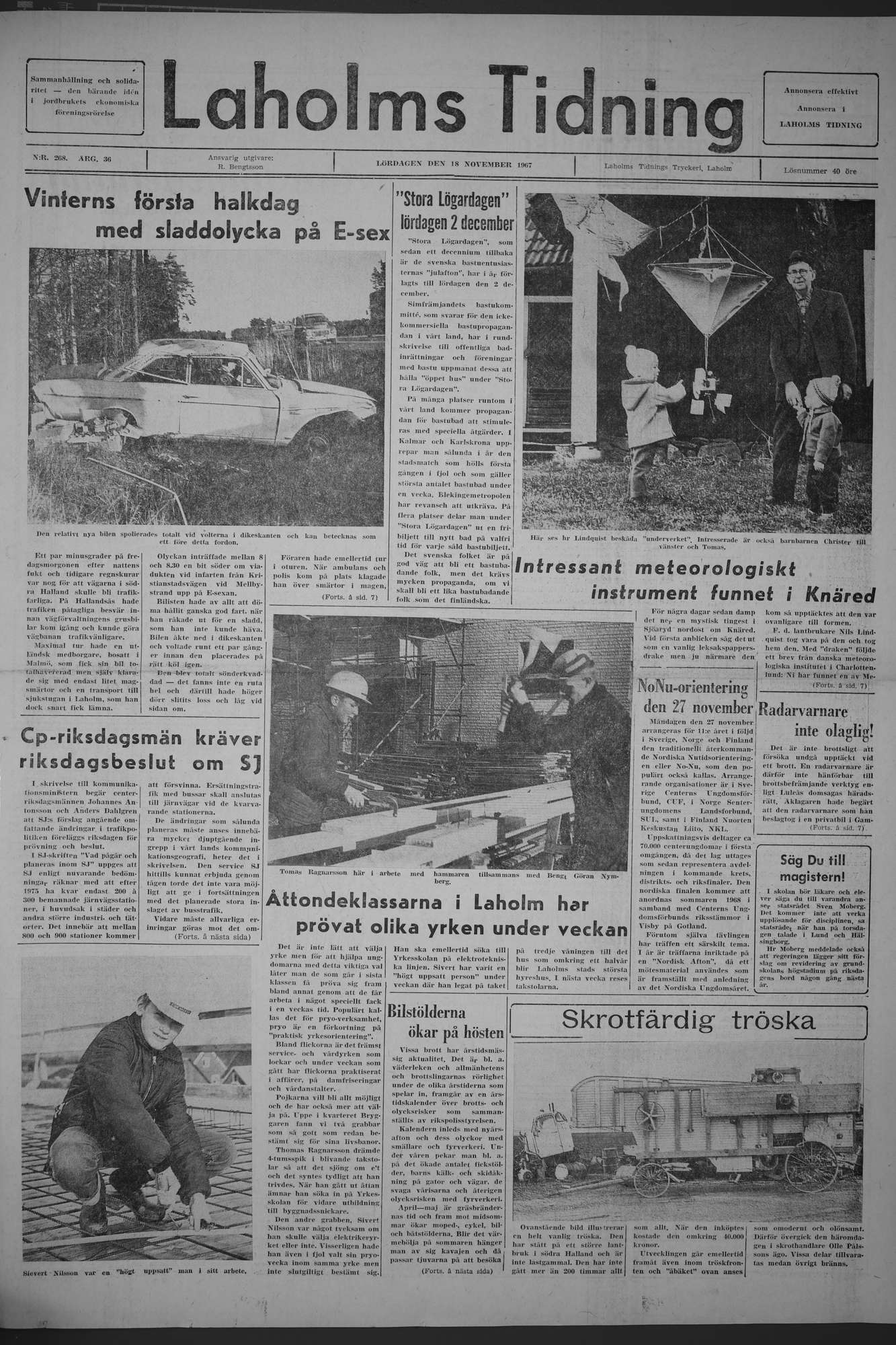 Laholms Tidning Lördag 18 november 1967, sida 1