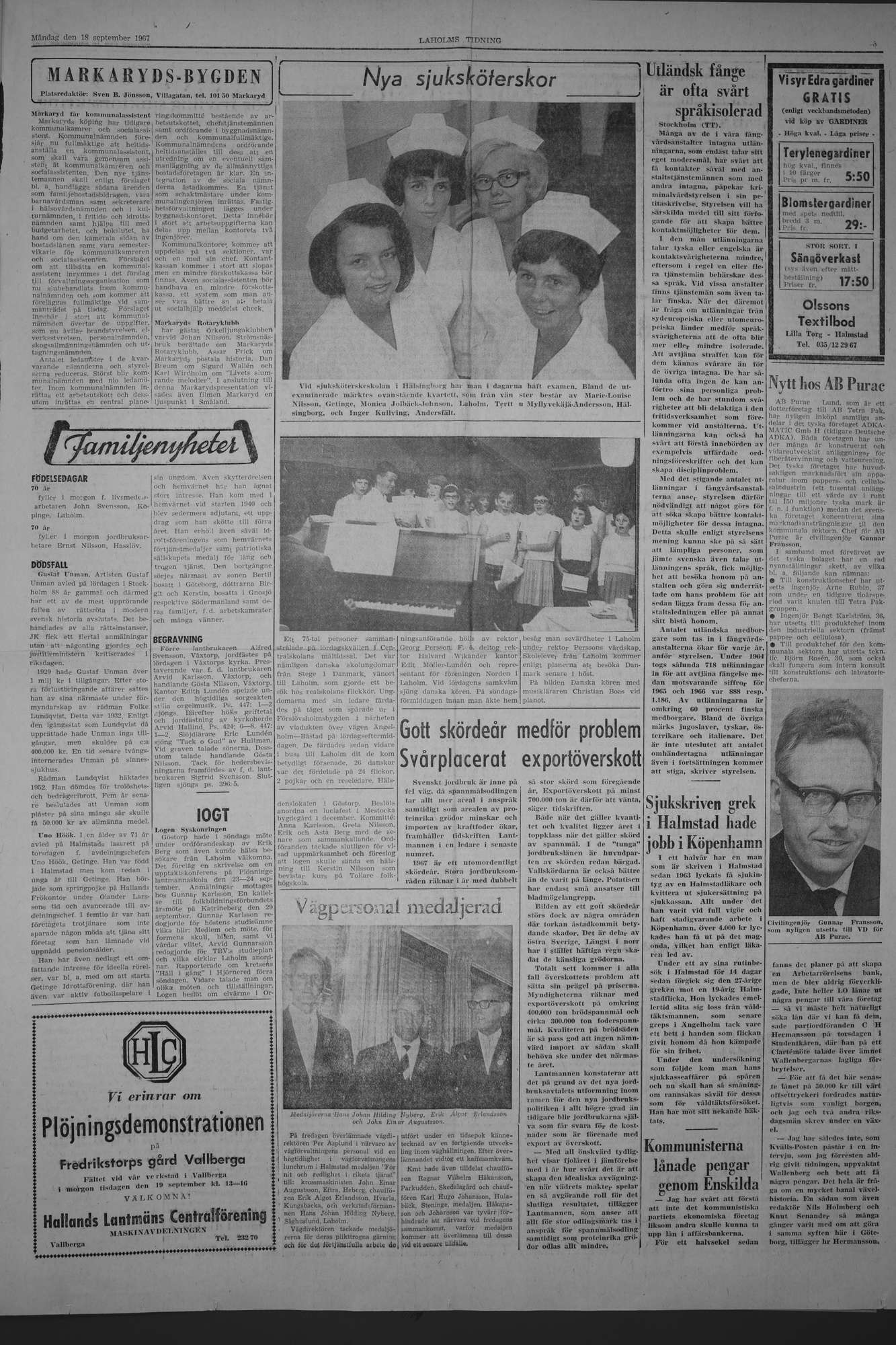 Laholms Tidning Måndag 18 september 1967, sida 3