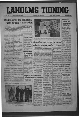 Förstasidan, Fredag 8 juli 1949