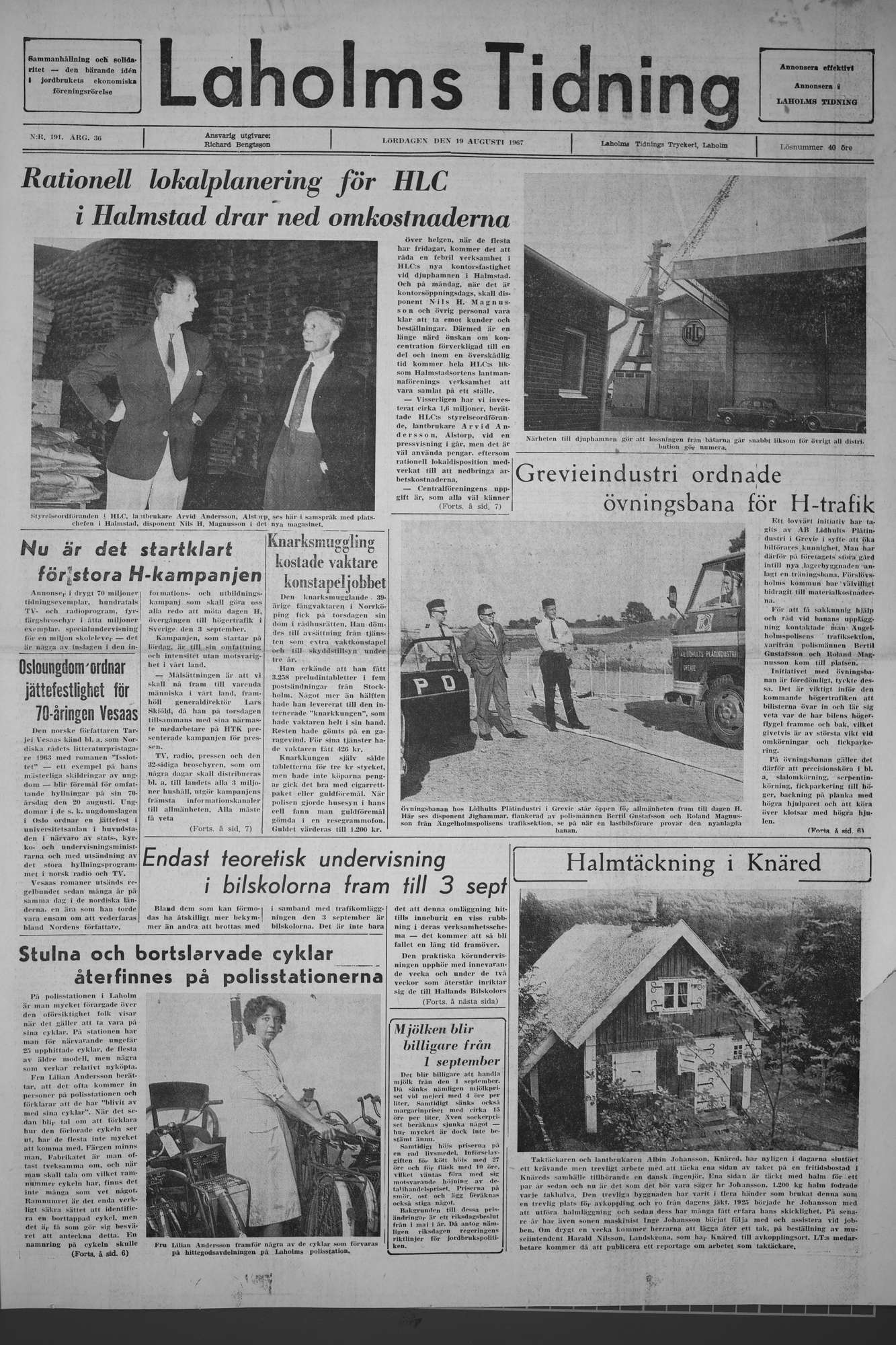 Laholms Tidning Lördag 19 augusti 1967, sida 1