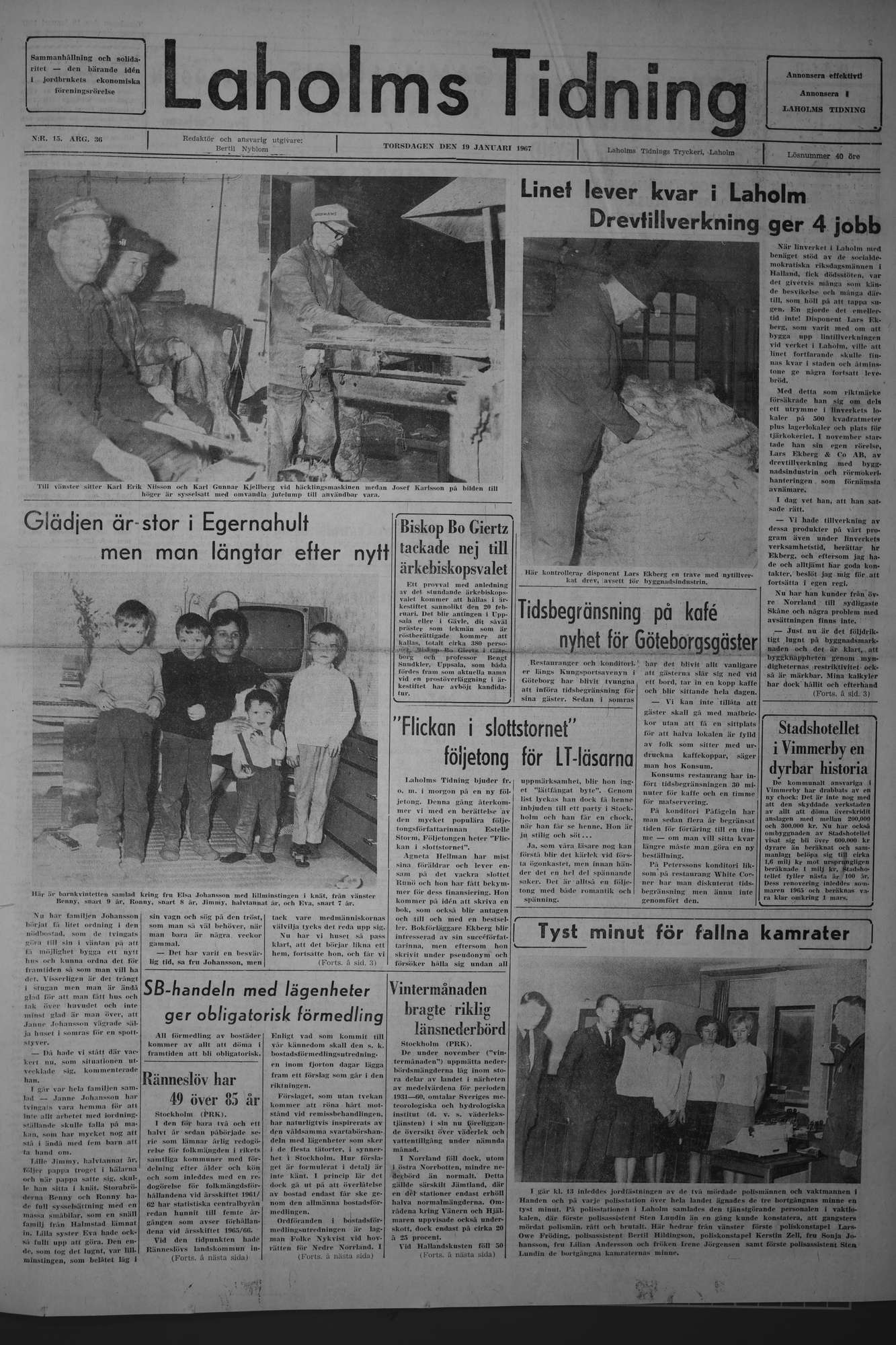 Laholms Tidning Torsdag 19 januari 1967, sida 1