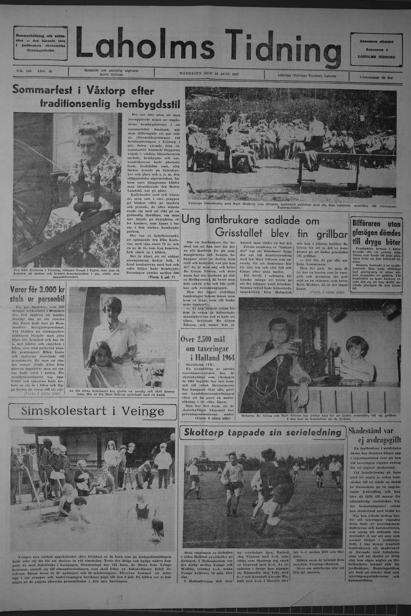 Laholms Tidning Måndag 19 juni 1967, sida 1