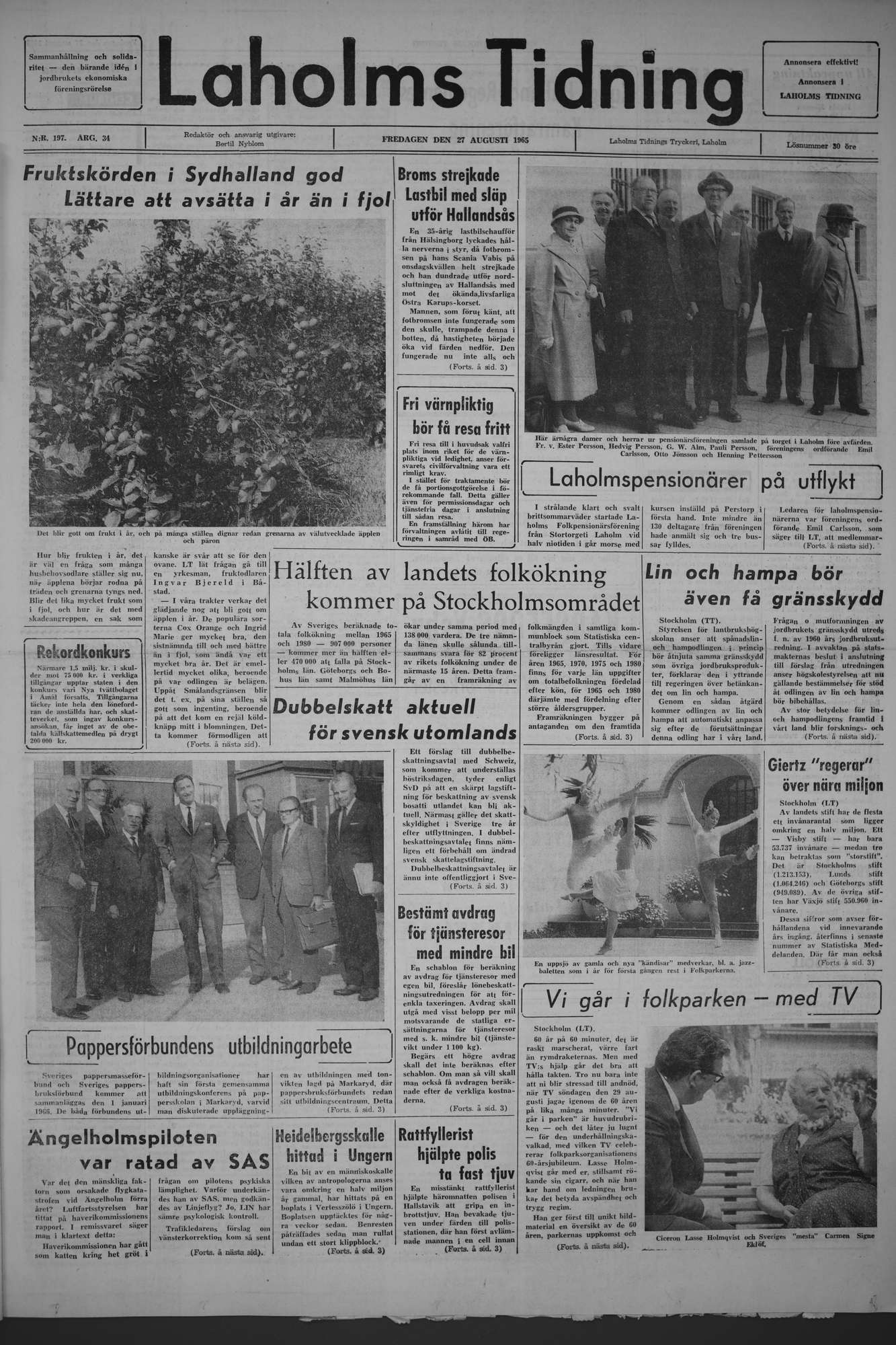 Laholms Tidning Fredag 27 augusti 1965, sida 1
