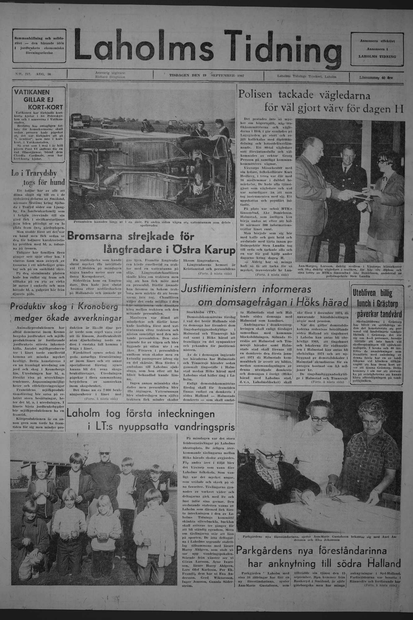 Laholms Tidning Tisdag 19 september 1967, sida 1