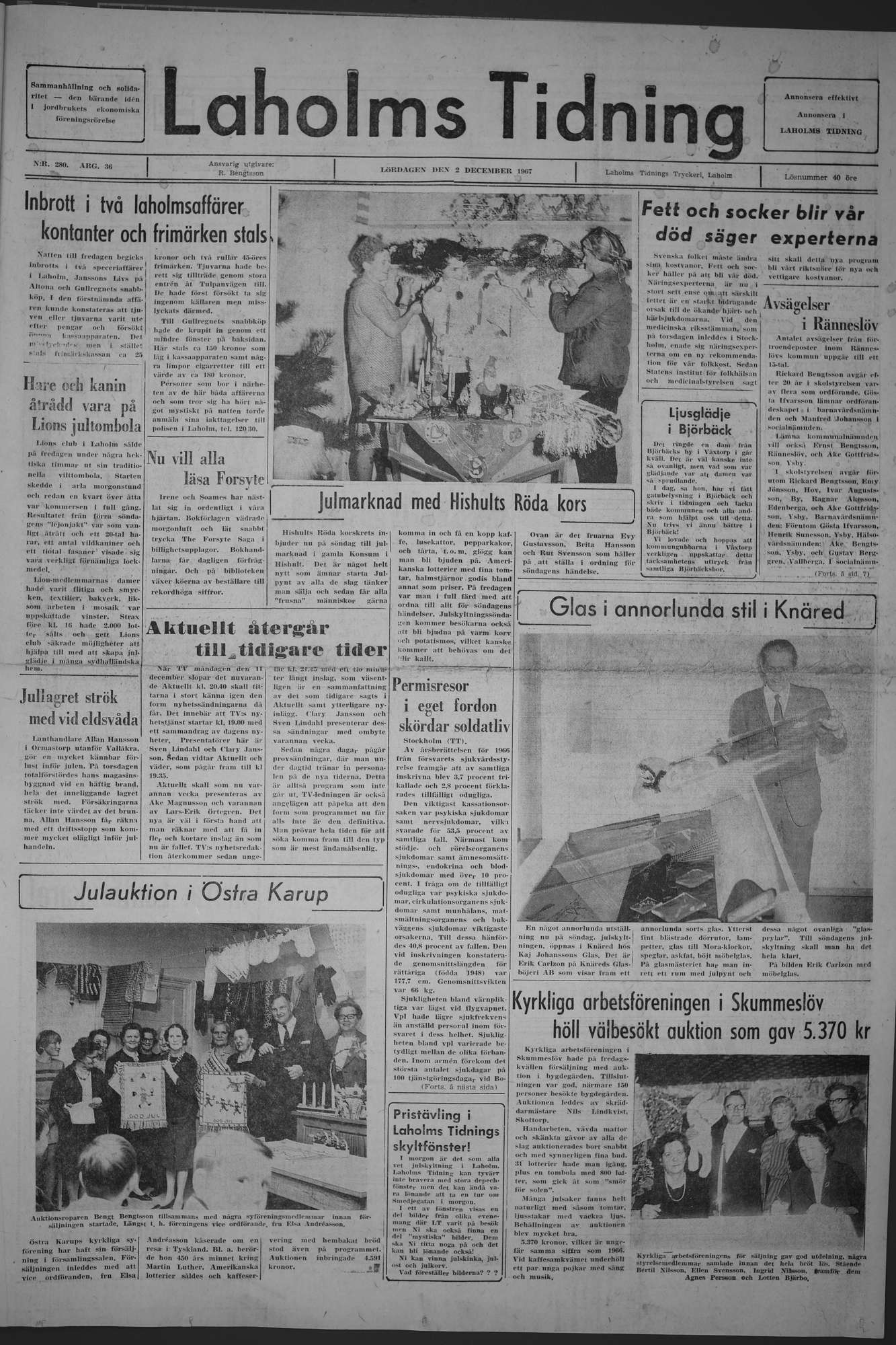 Laholms Tidning Lördag 2 december 1967, sida 1