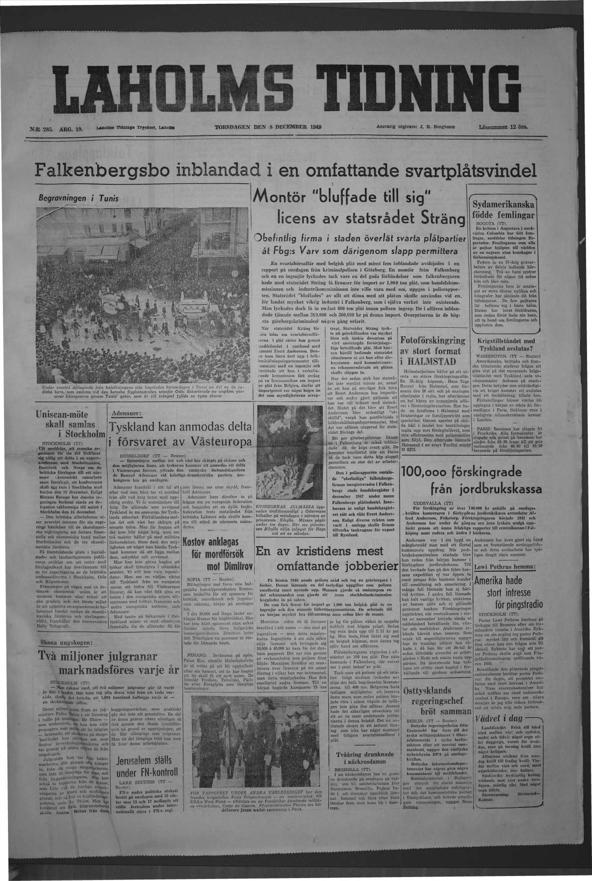 Laholms Tidning Torsdag 8 december 1949, sida 1