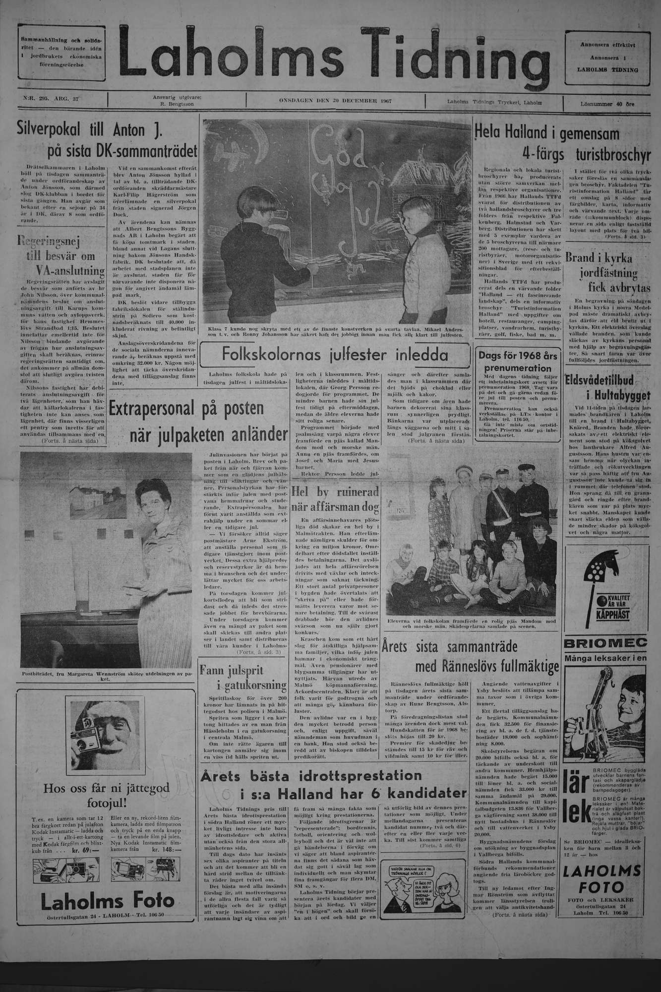 Laholms Tidning Onsdag 20 december 1967, sida 1