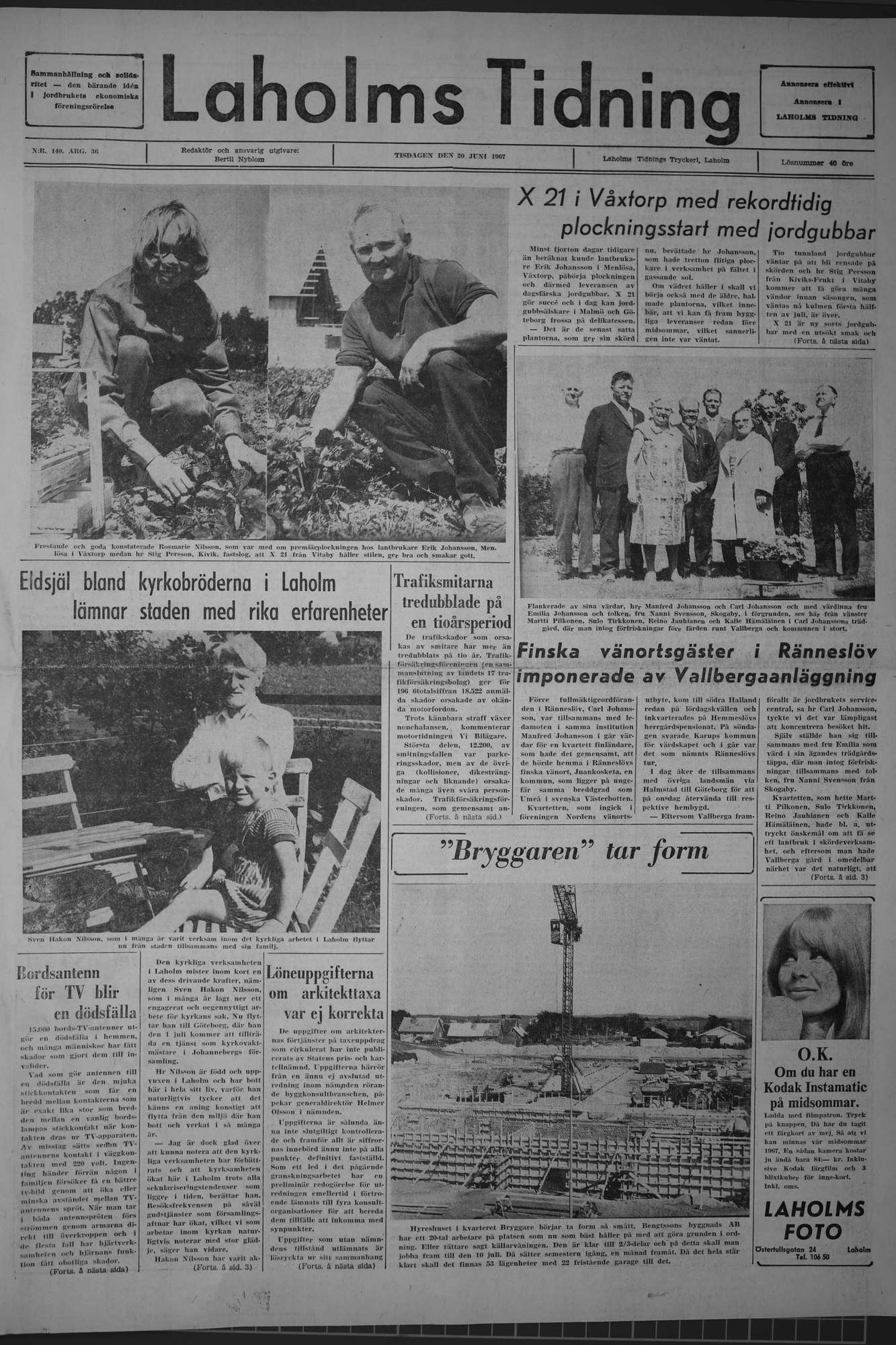 Laholms Tidning Tisdag 20 juni 1967, sida 1