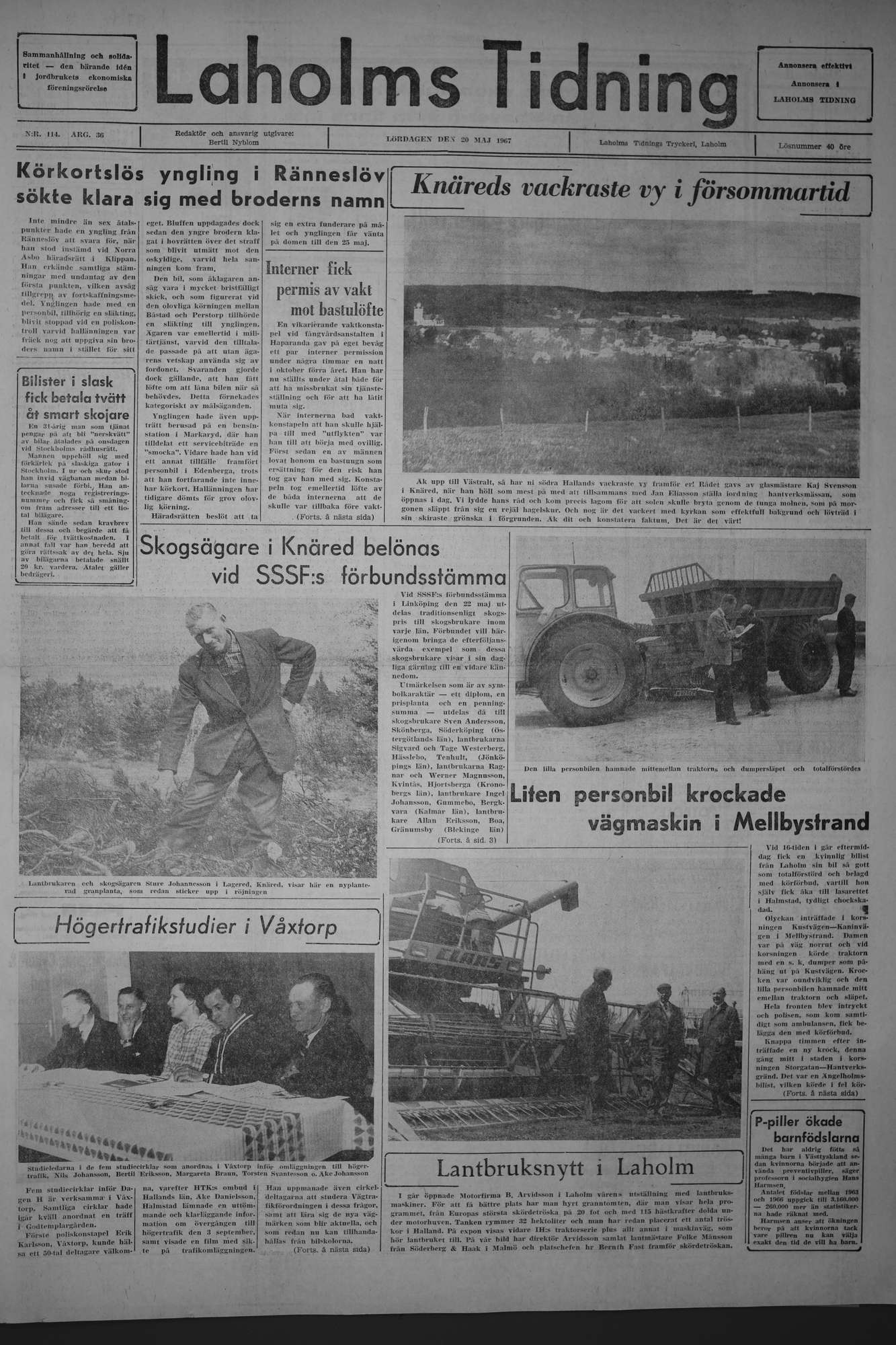 Laholms Tidning Lördag 20 maj 1967, sida 1