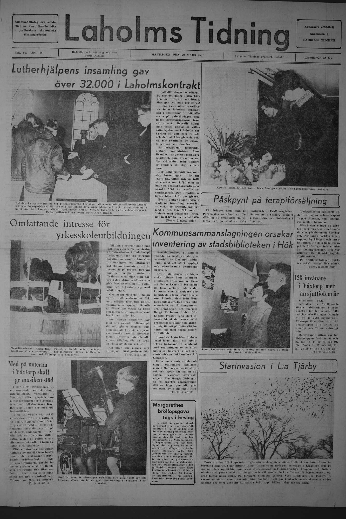 Laholms Tidning Måndag 20 mars 1967, sida 1