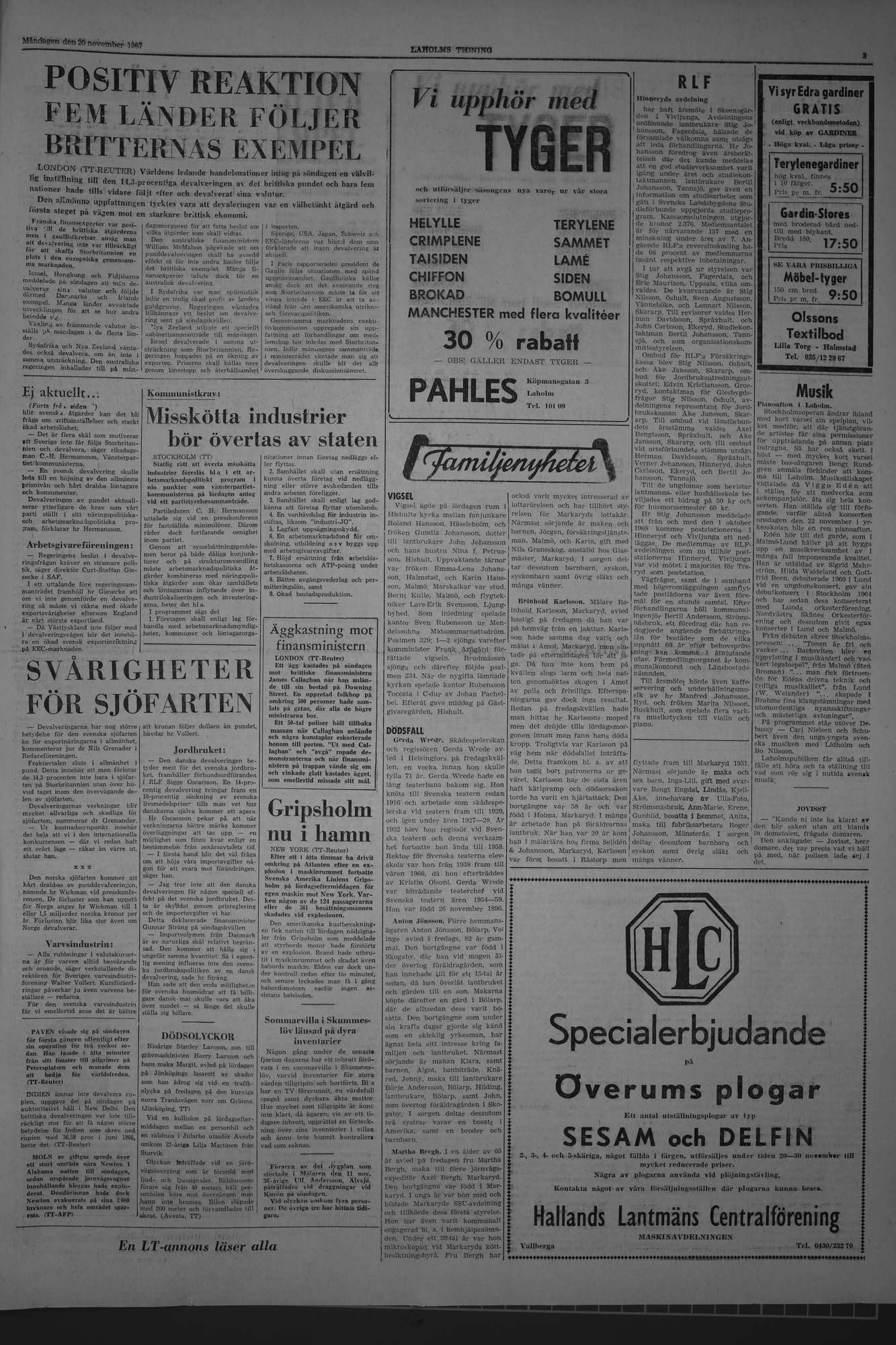 Laholms Tidning Måndag 20 november 1967, sida 3