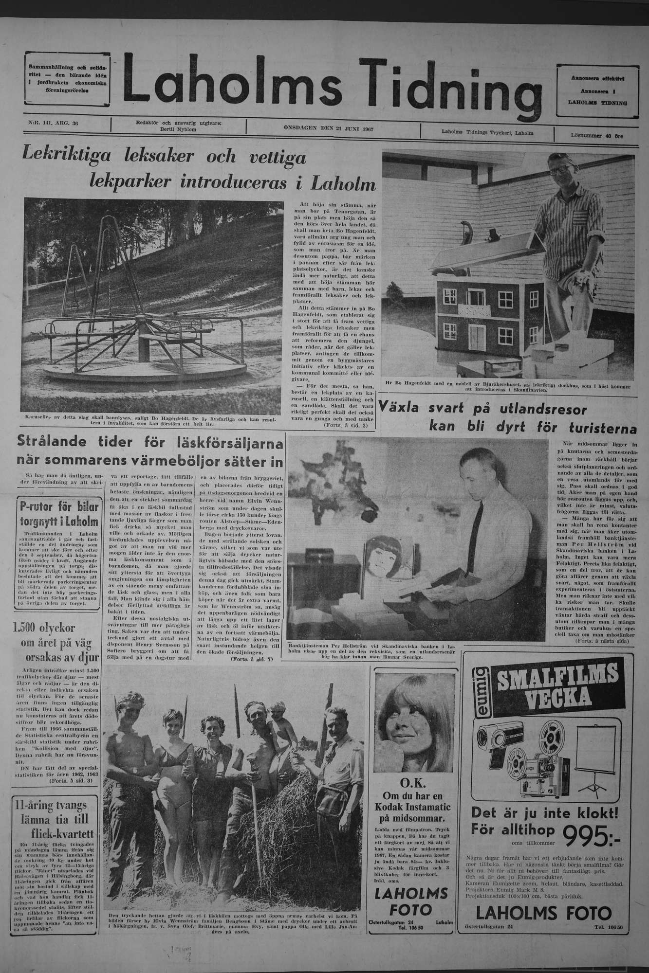 Laholms Tidning Onsdag 21 juni 1967, sida 1