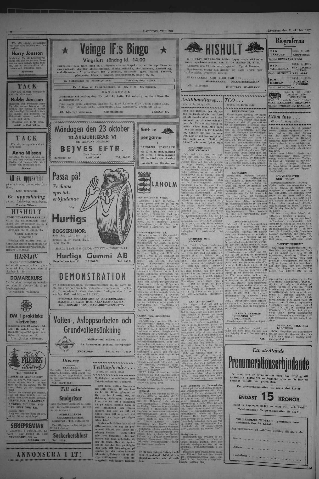 Laholms Tidning Lördag 21 oktober 1967, sida 2