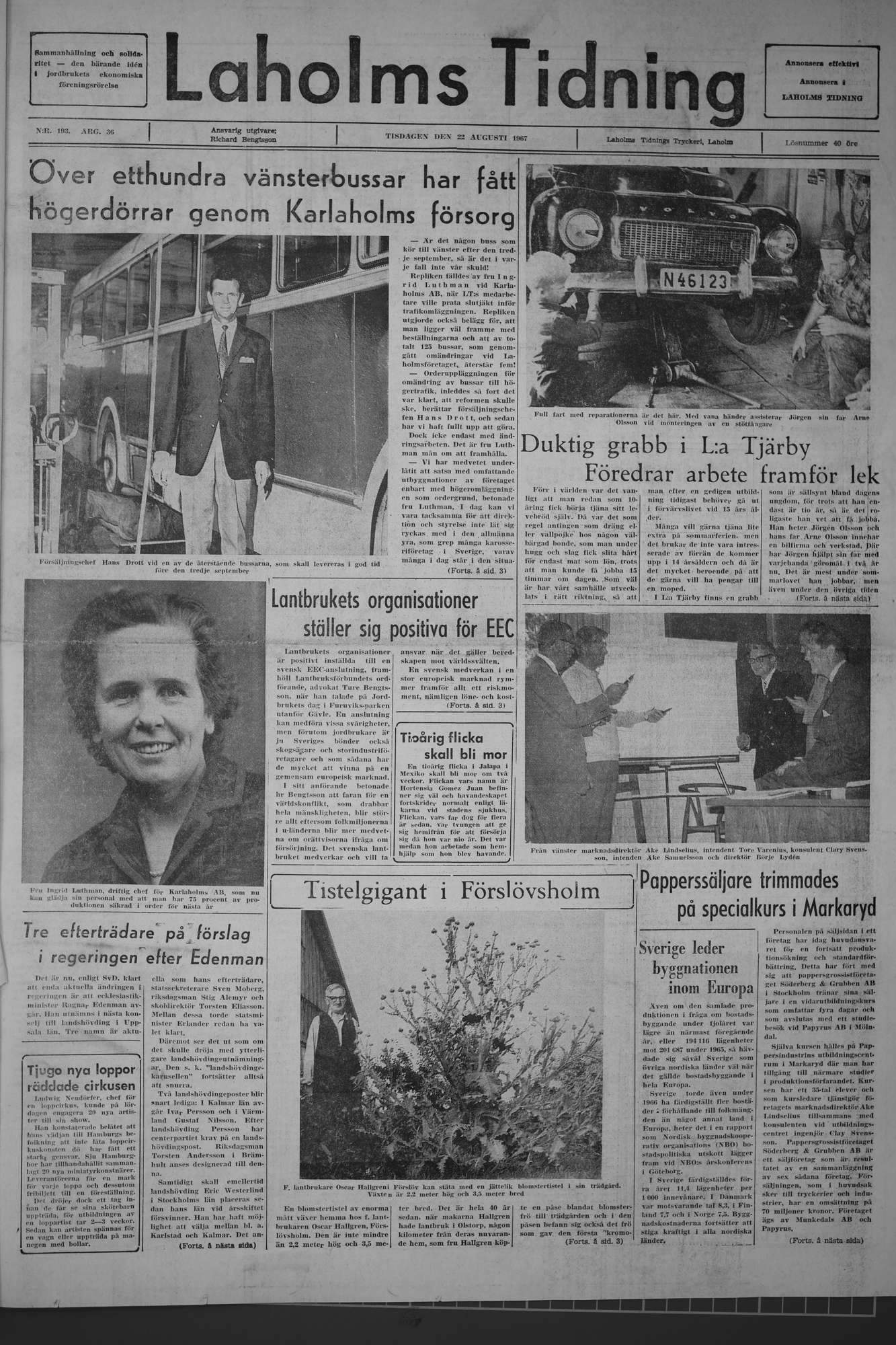Laholms Tidning Tisdag 22 augusti 1967, sida 1