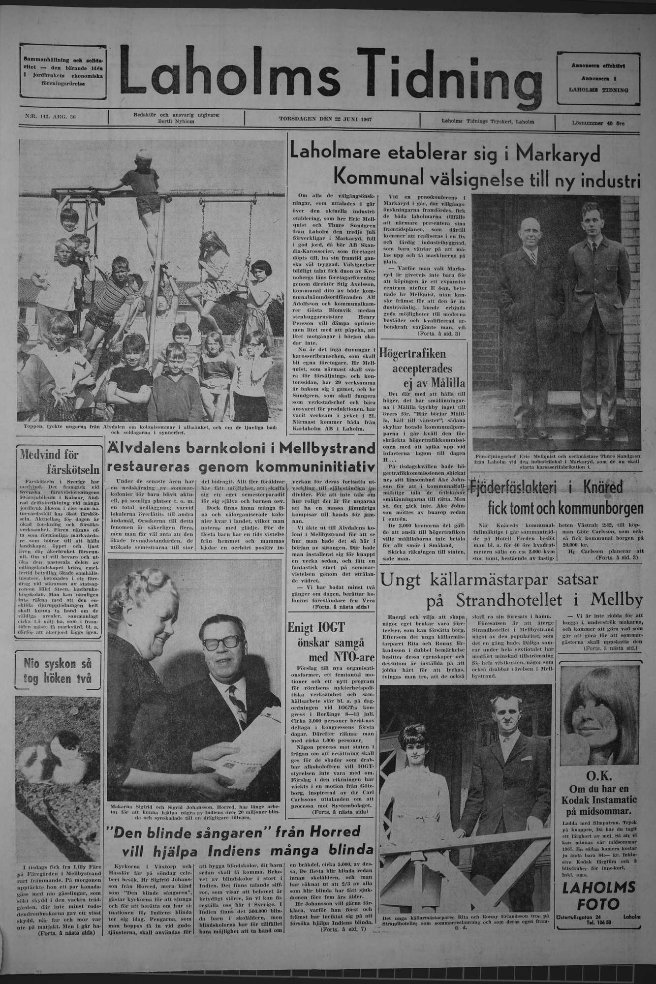Laholms Tidning Torsdag 22 juni 1967, sida 1