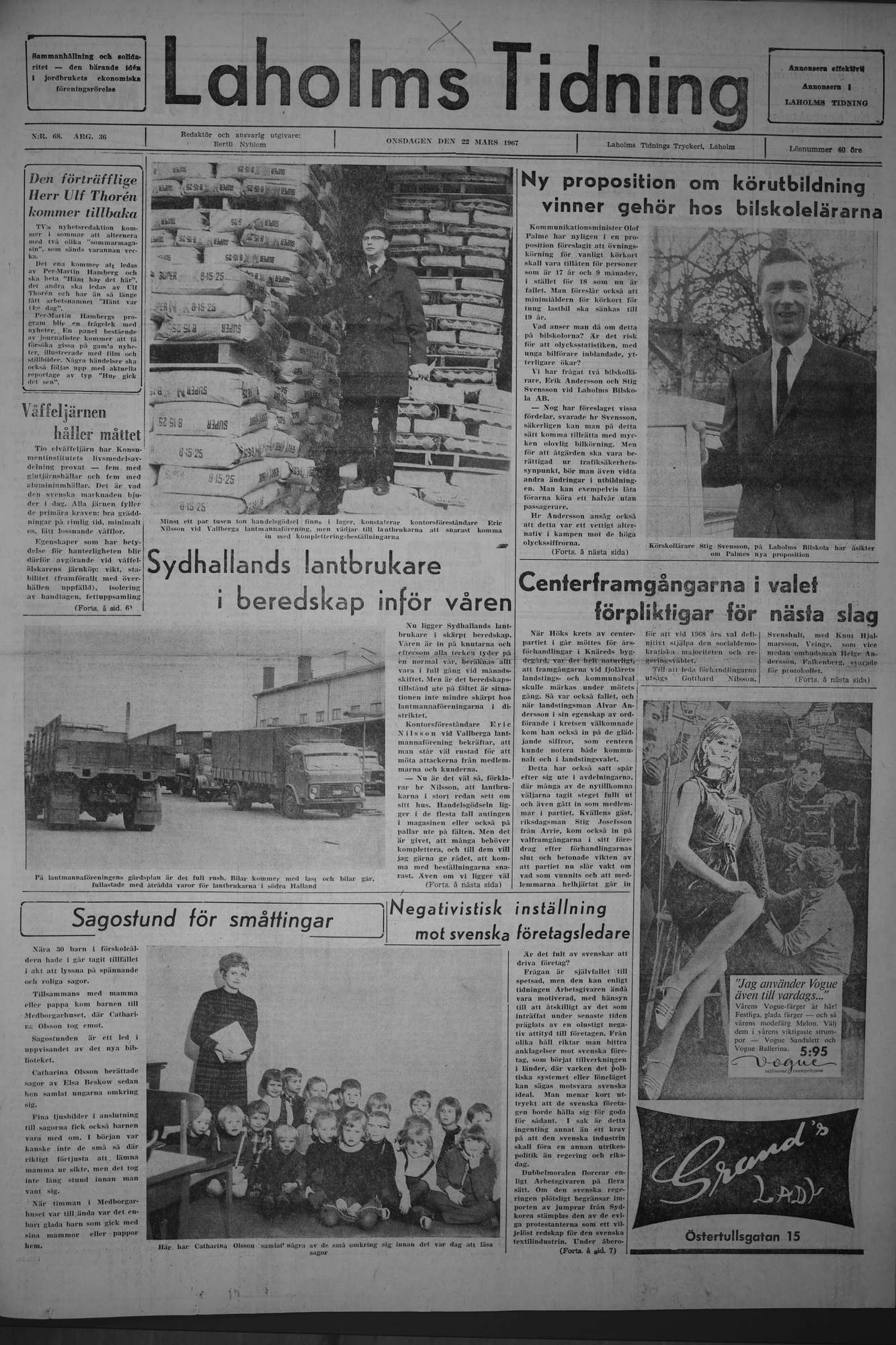 Laholms Tidning Onsdag 22 mars 1967, sida 1