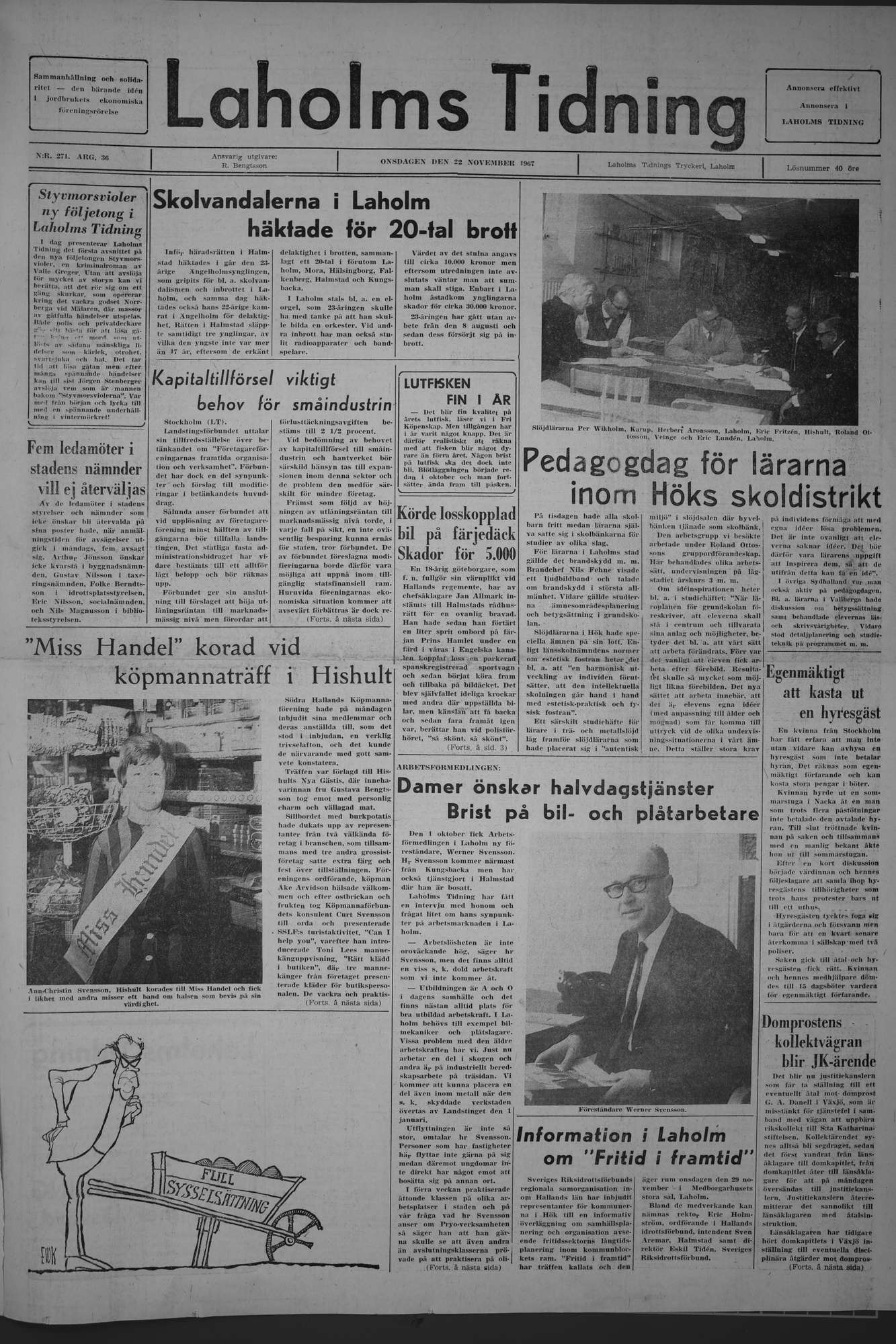 Laholms Tidning Onsdag 22 november 1967, sida 1