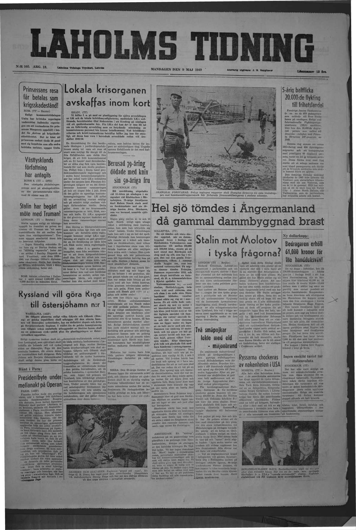 Laholms Tidning Måndag 9 maj 1949, sida 1
