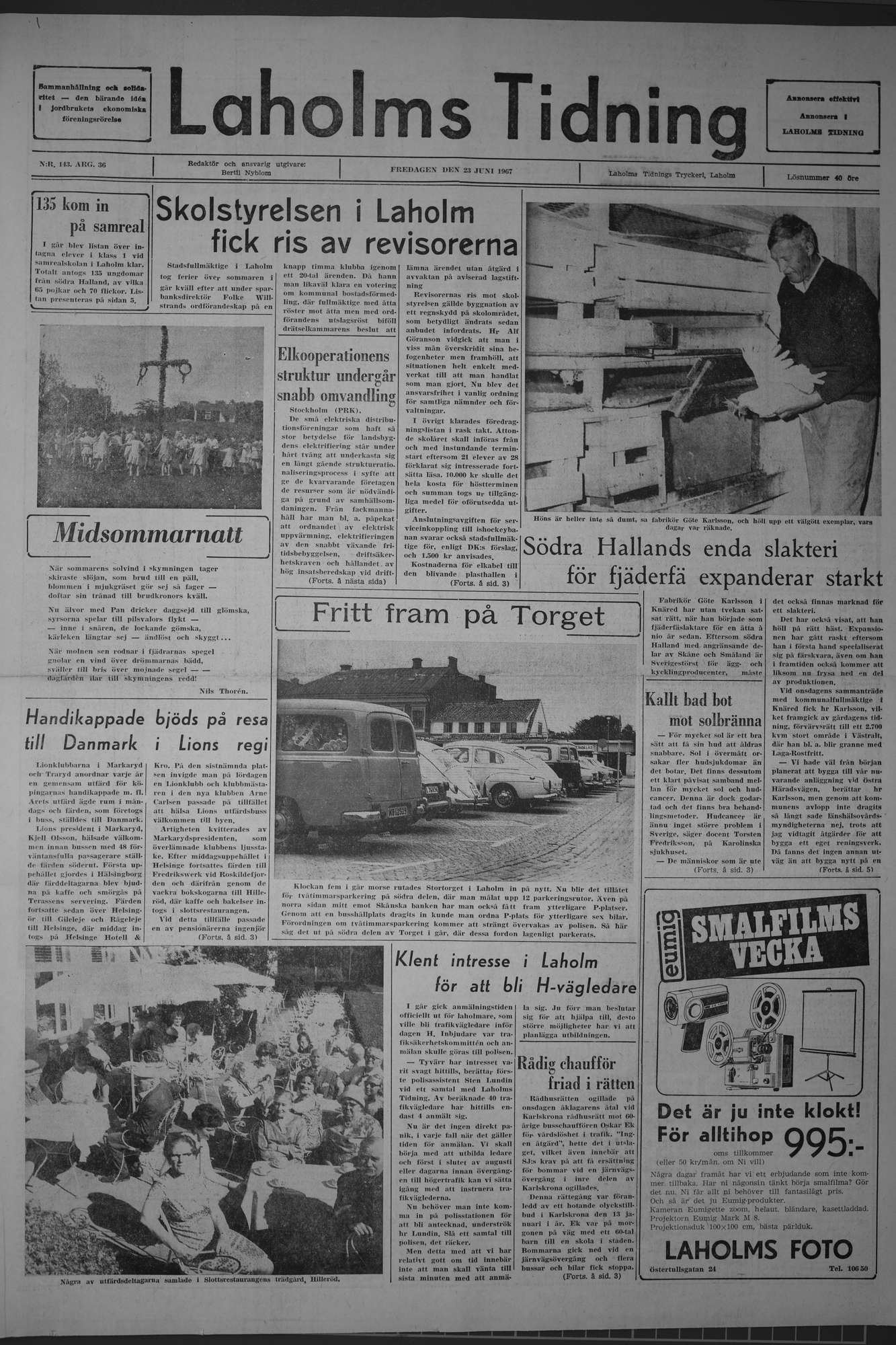 Laholms Tidning Fredag 23 juni 1967, sida 1