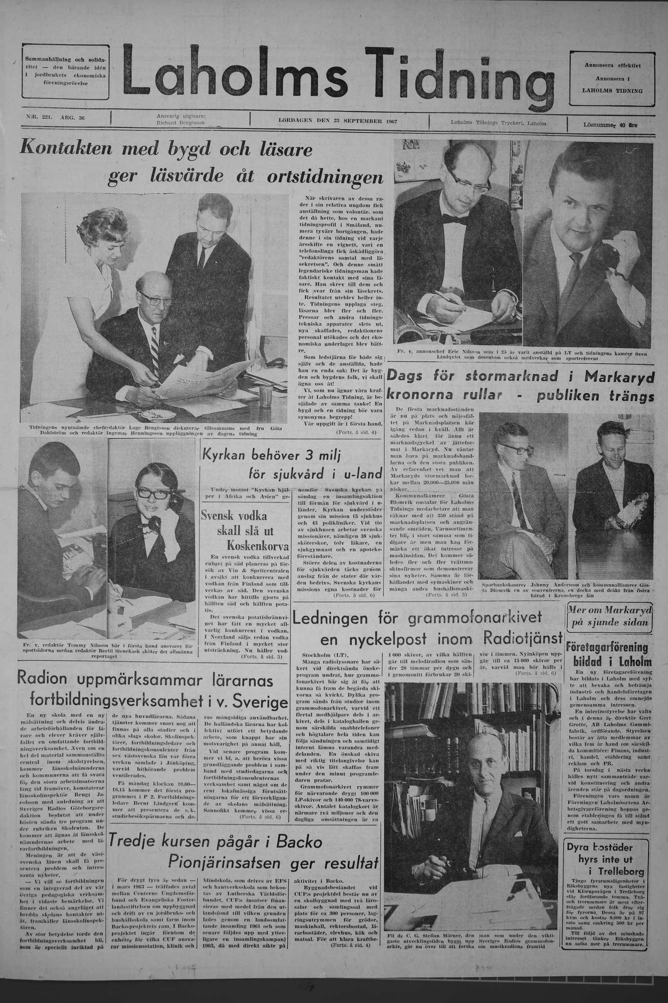 Laholms Tidning Lördag 23 september 1967, sida 1