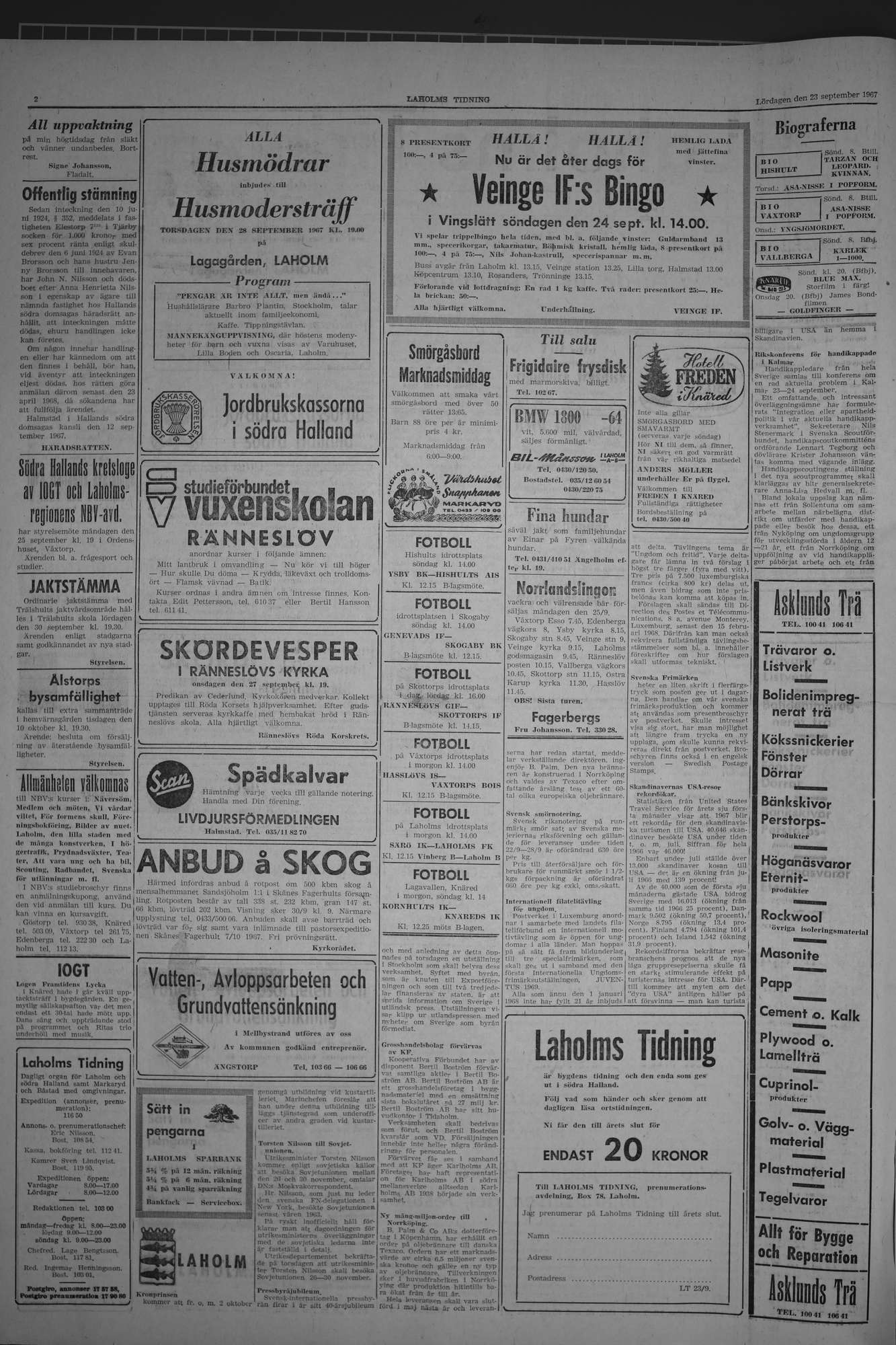 Laholms Tidning Lördag 23 september 1967, sida 2