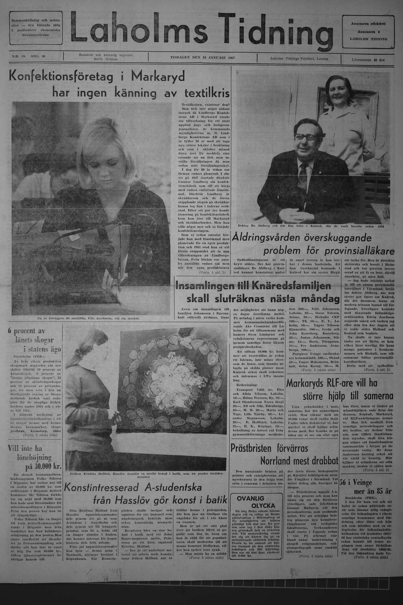 Laholms Tidning Tisdag 24 januari 1967, sida 1