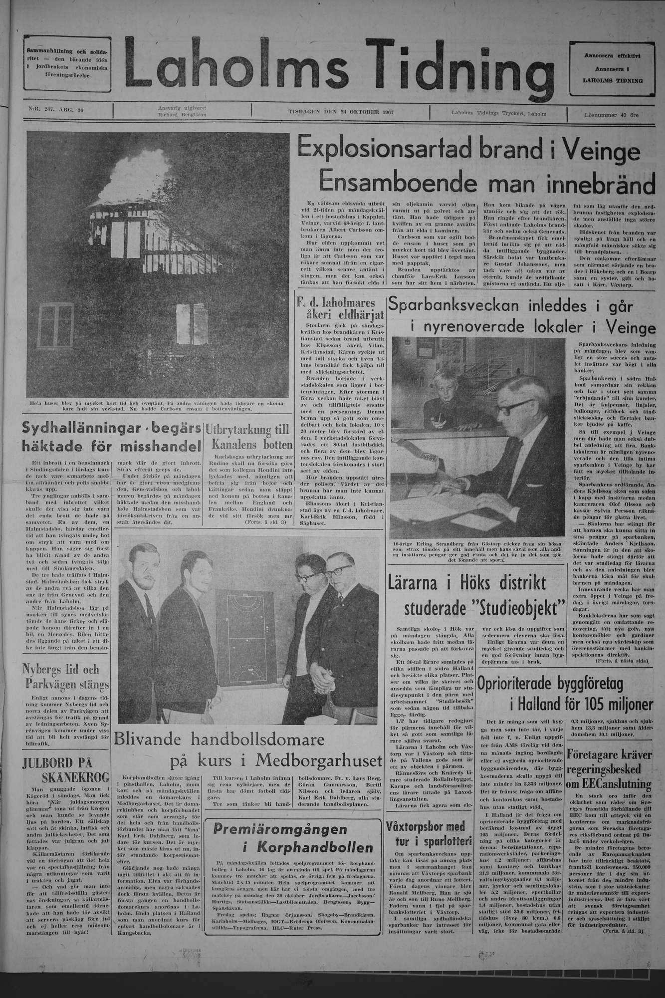 Laholms Tidning Tisdag 24 oktober 1967, sida 1