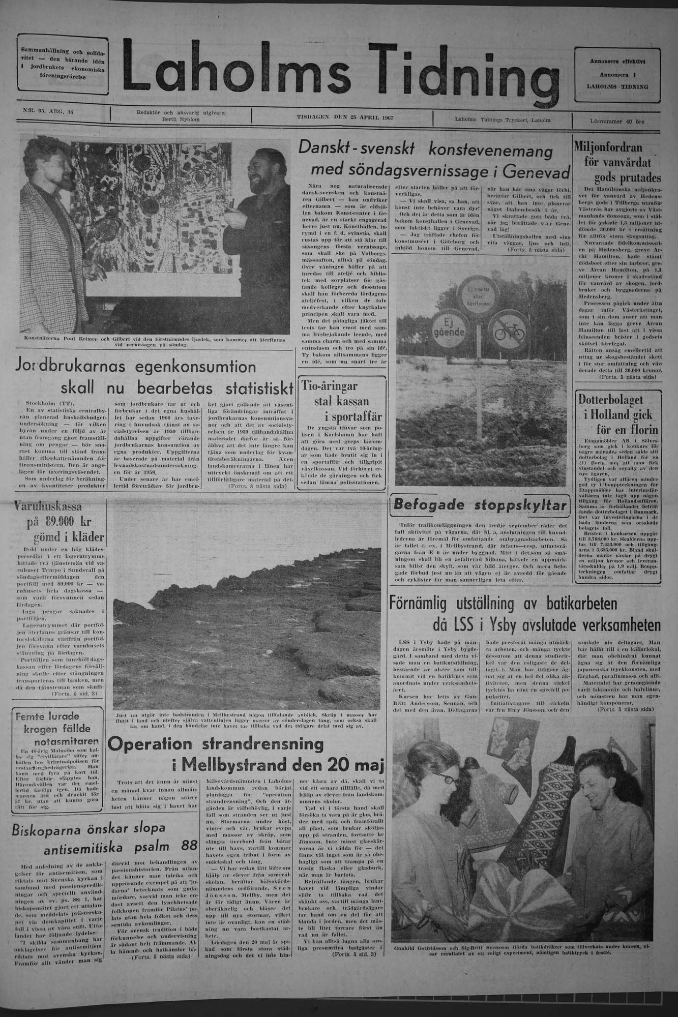 Laholms Tidning Tisdag 25 april 1967, sida 1