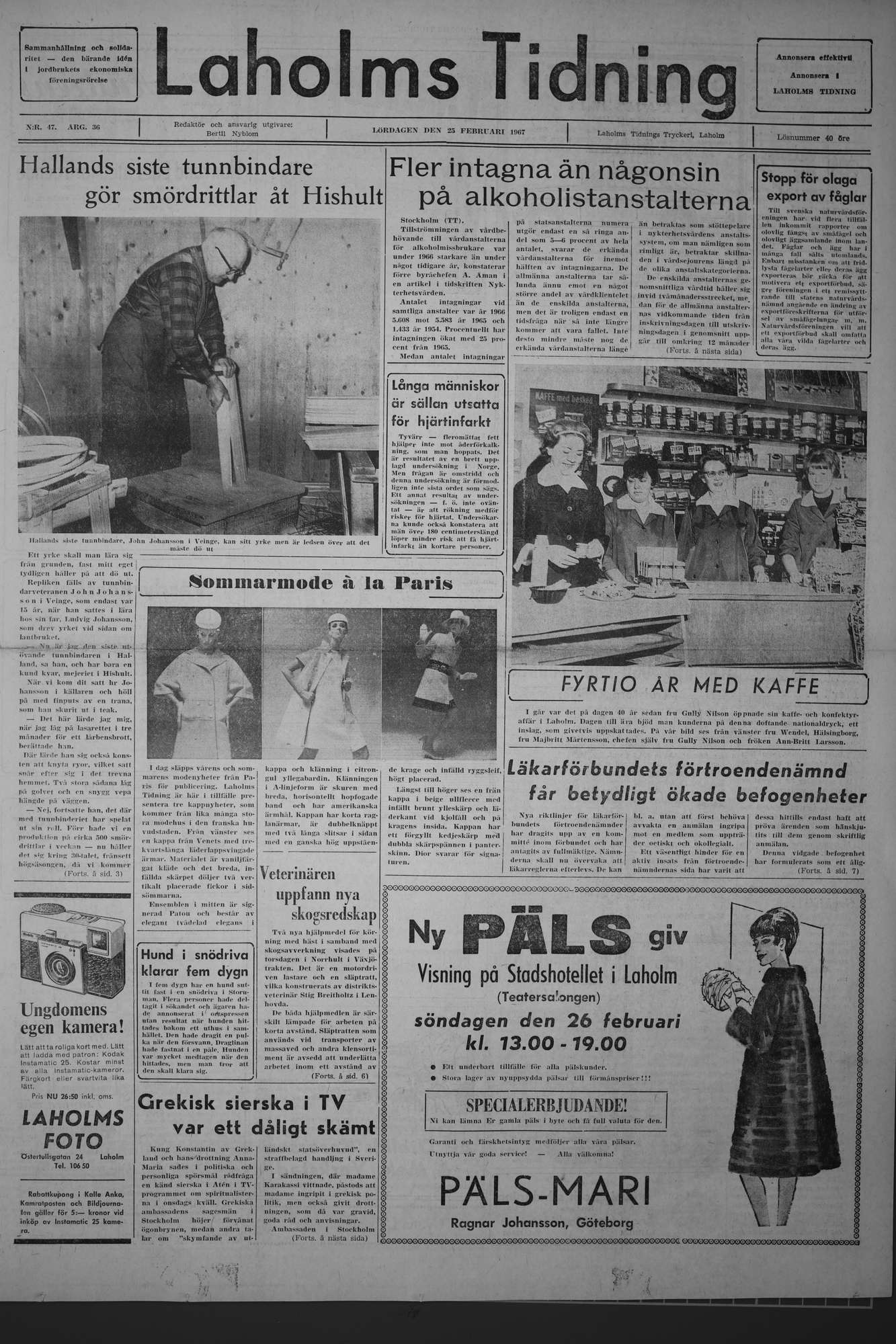 Laholms Tidning Lördag 25 februari 1967, sida 1