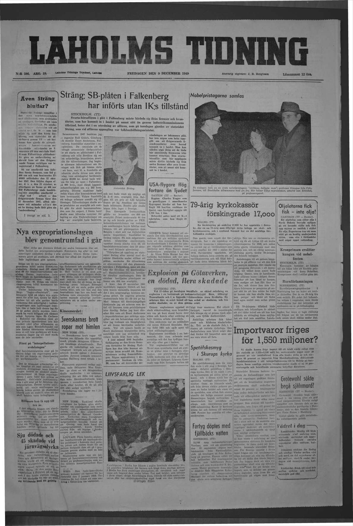 Laholms Tidning Fredag 9 december 1949, sida 1