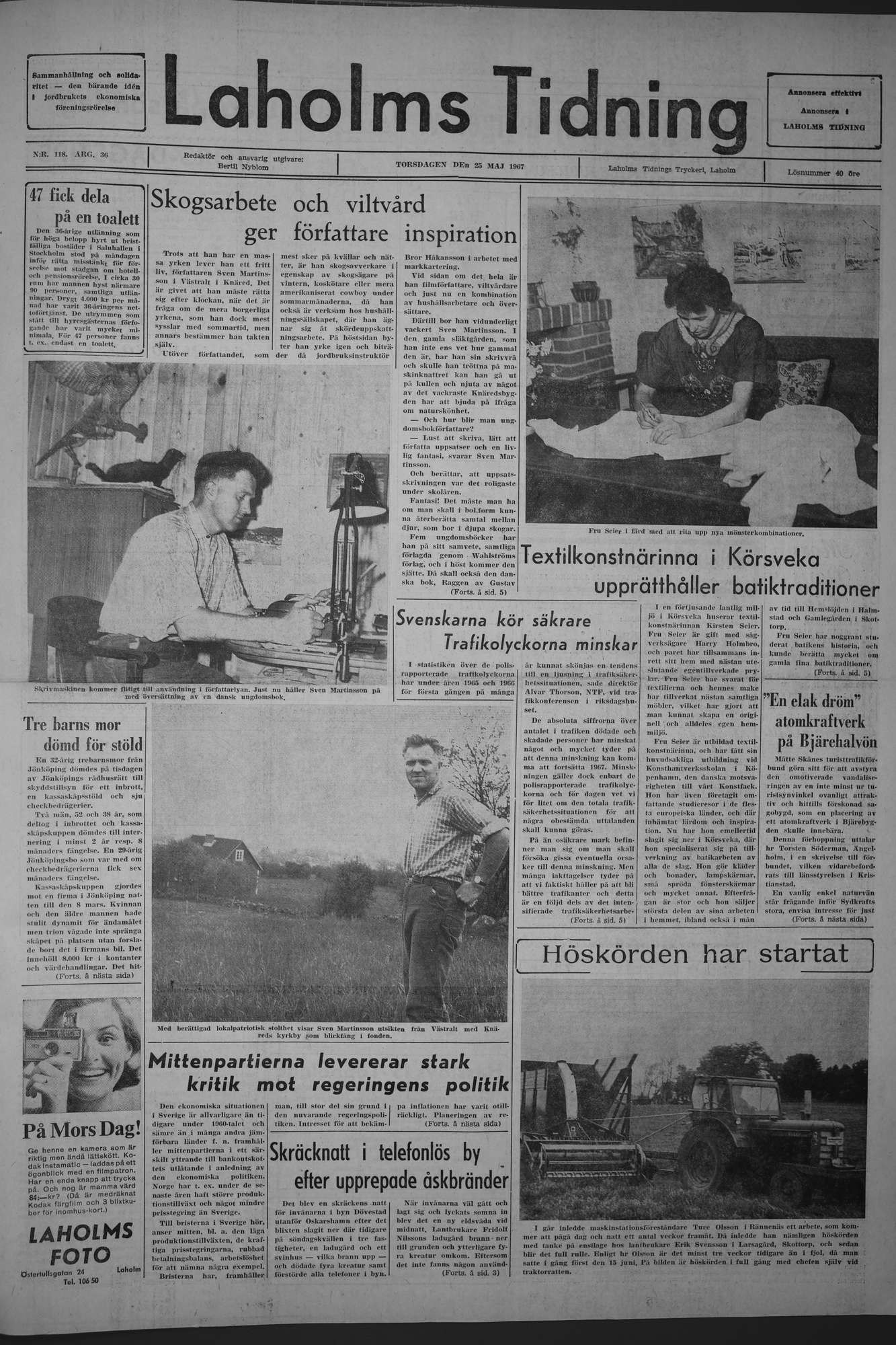 Laholms Tidning Torsdag 25 maj 1967, sida 1