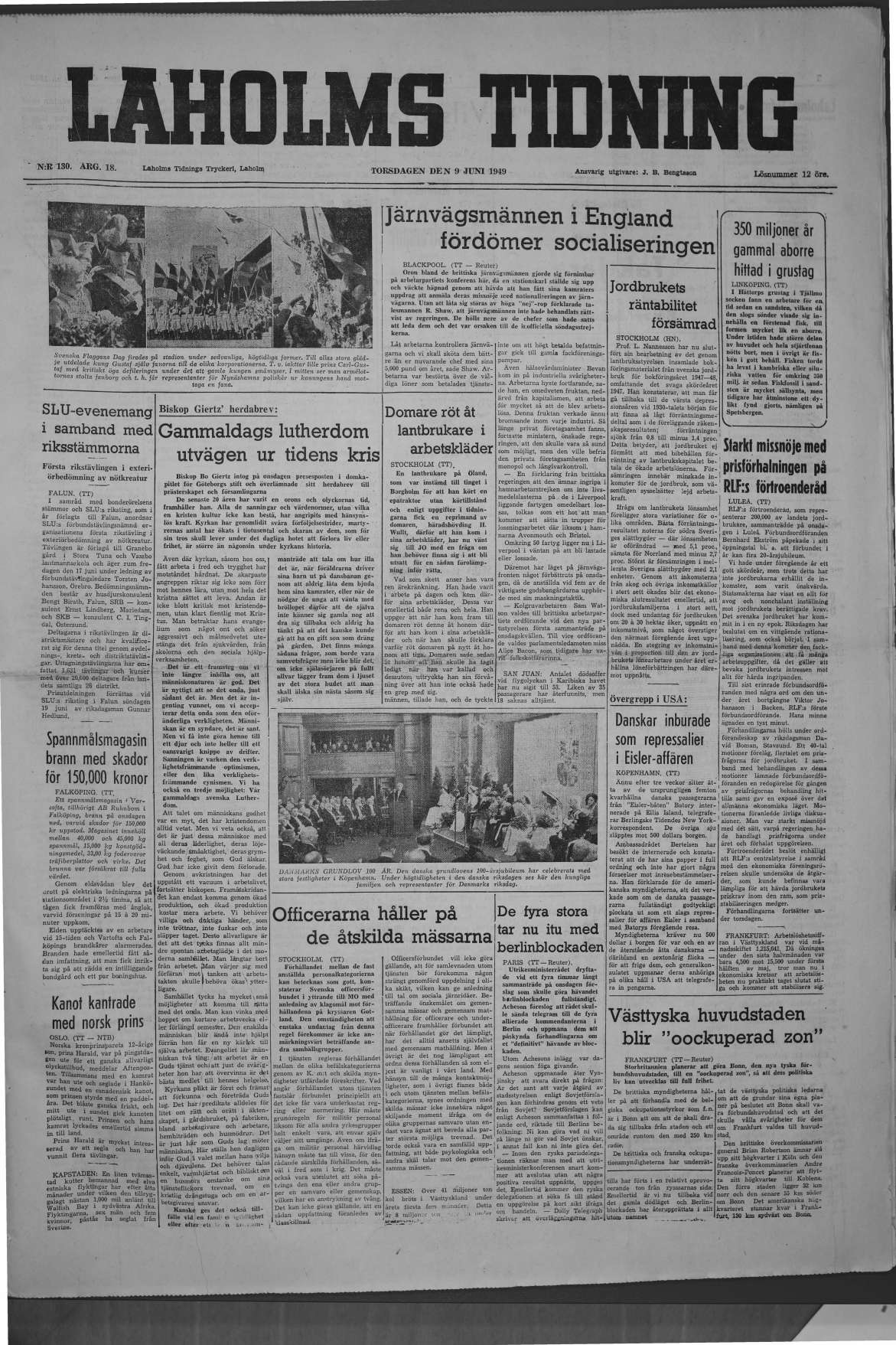 Laholms Tidning Torsdag 9 juni 1949, sida 1