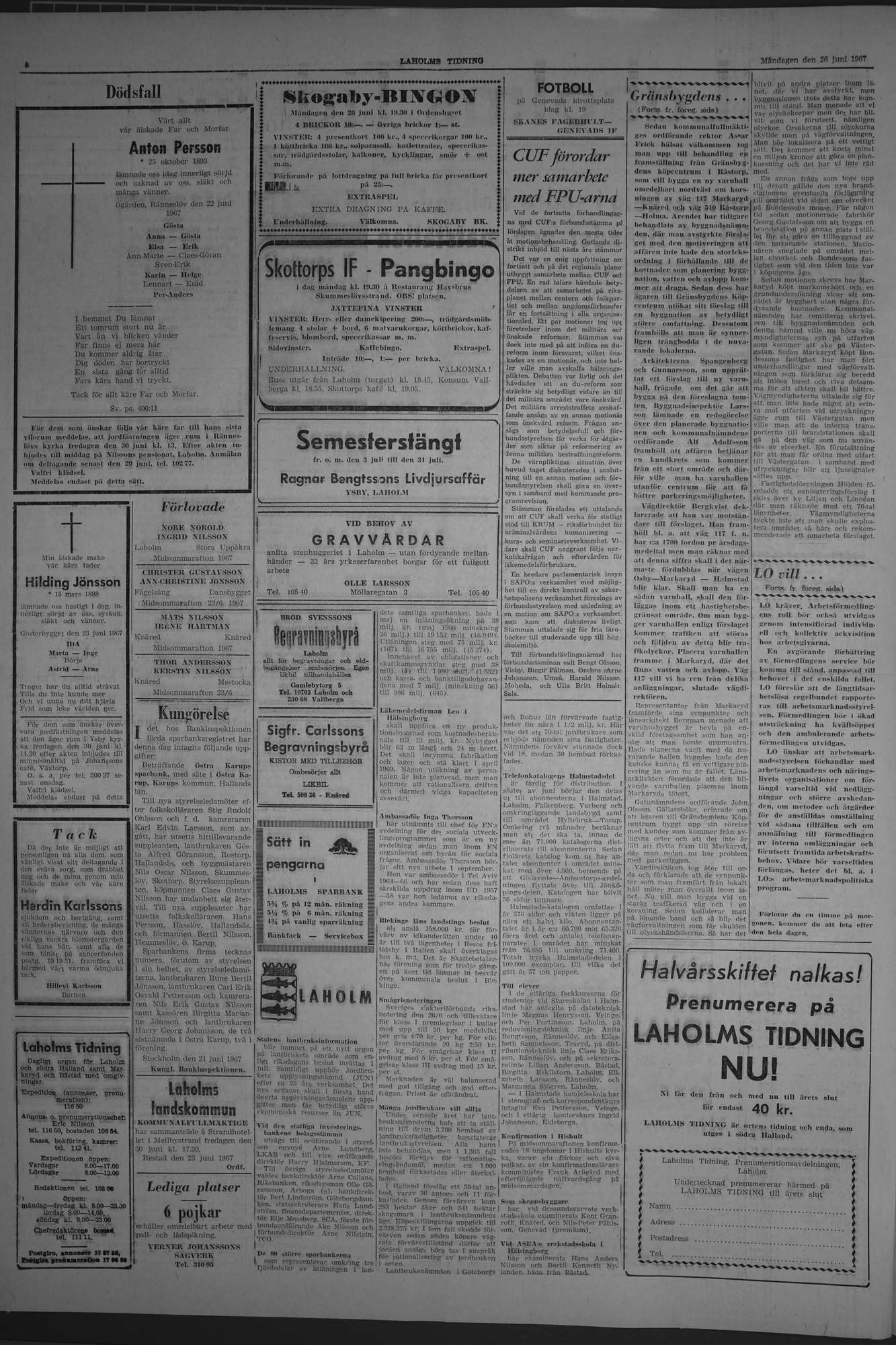 Laholms Tidning Måndag 26 juni 1967, sida 2
