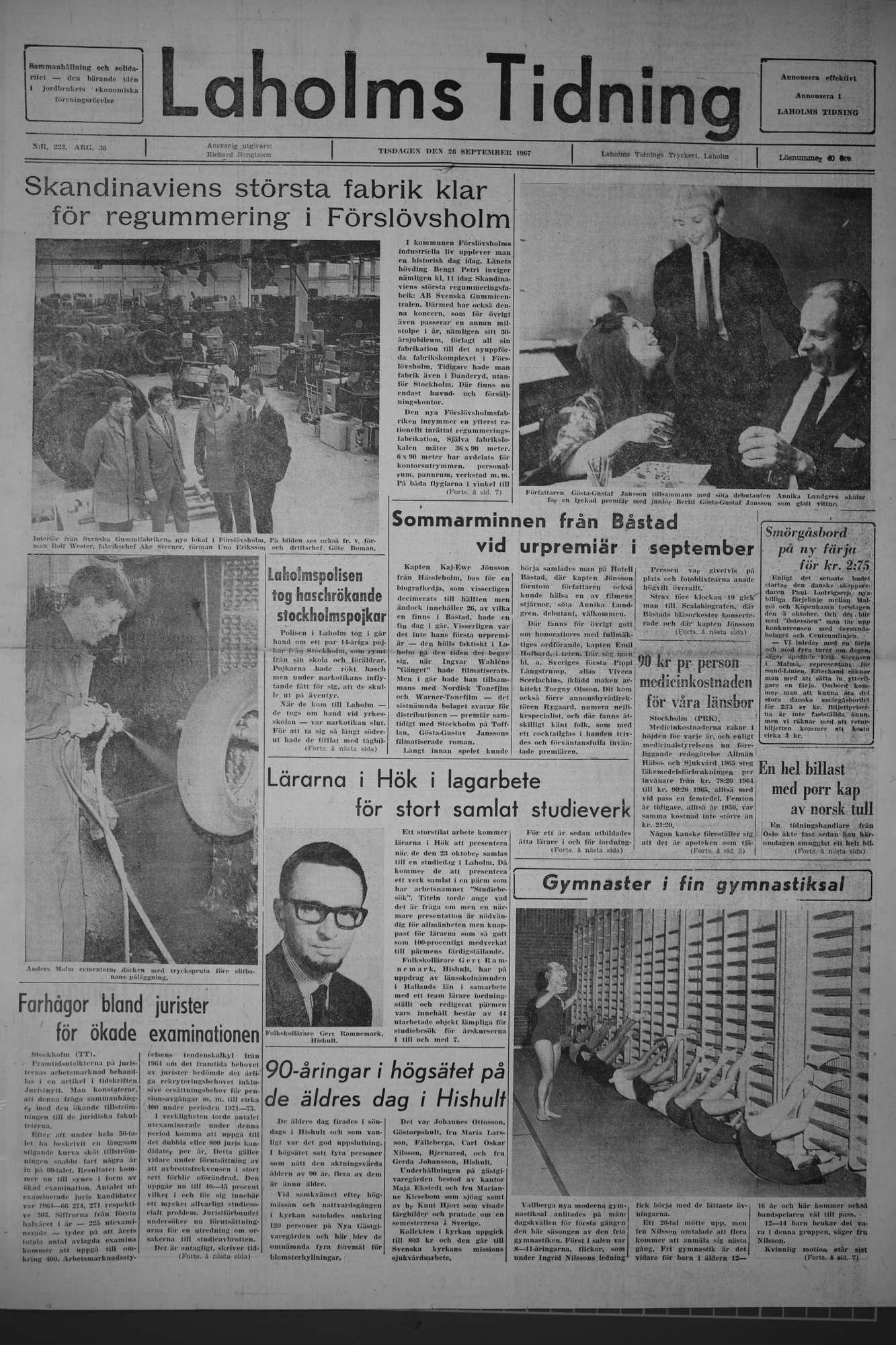 Laholms Tidning Tisdag 26 september 1967, sida 1