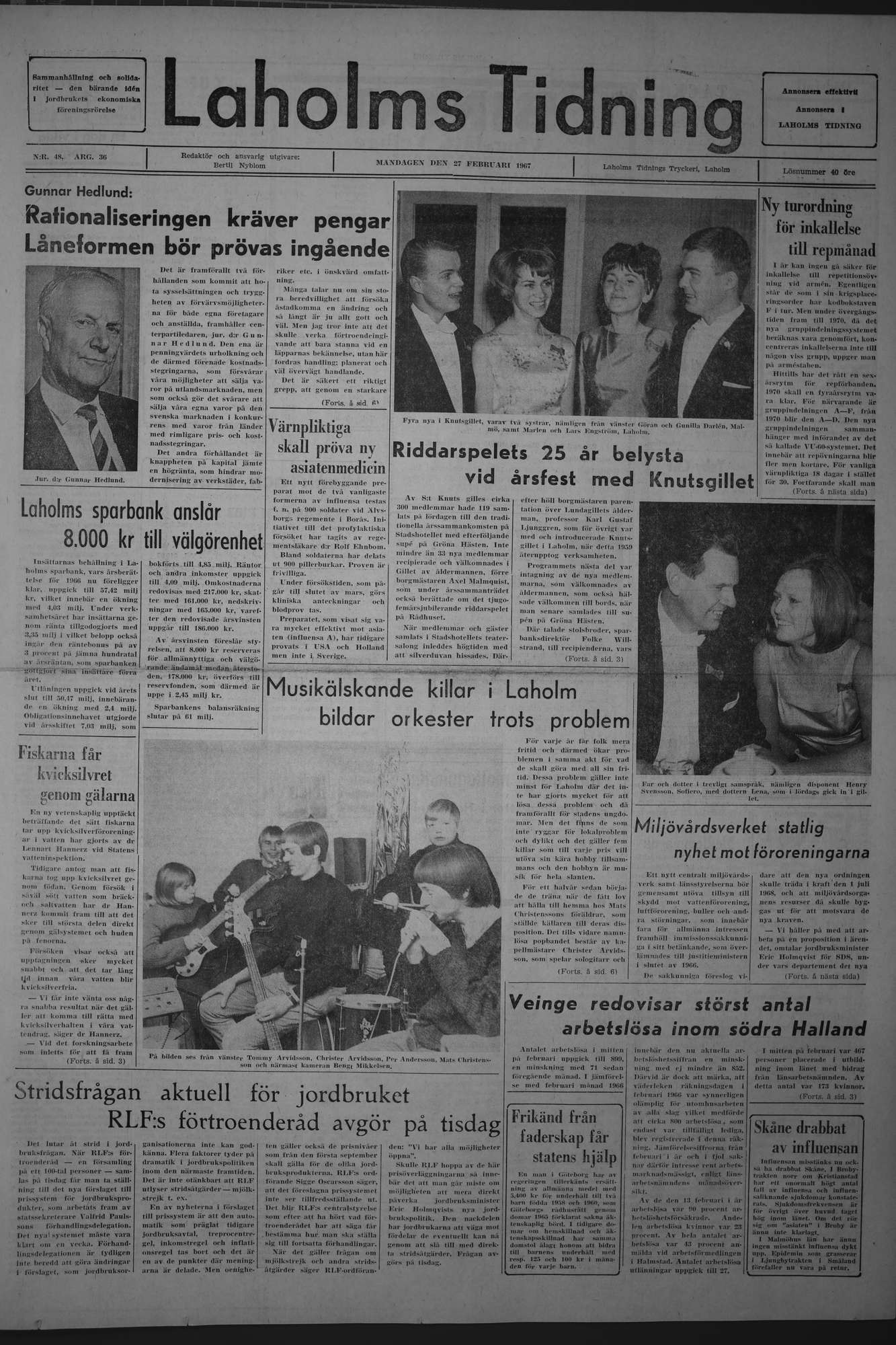Laholms Tidning Måndag 27 februari 1967, sida 1
