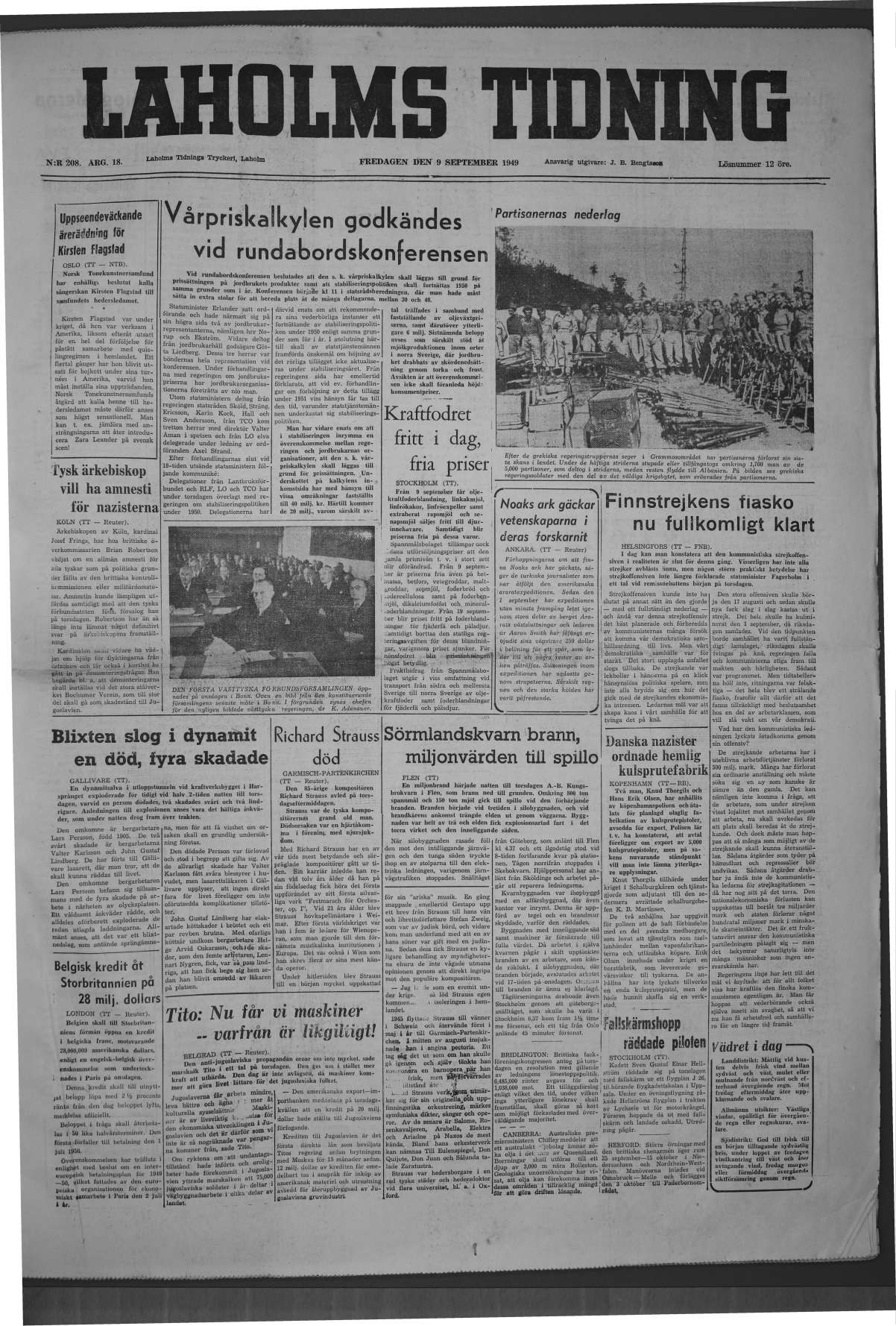 Laholms Tidning Fredag 9 september 1949, sida 1