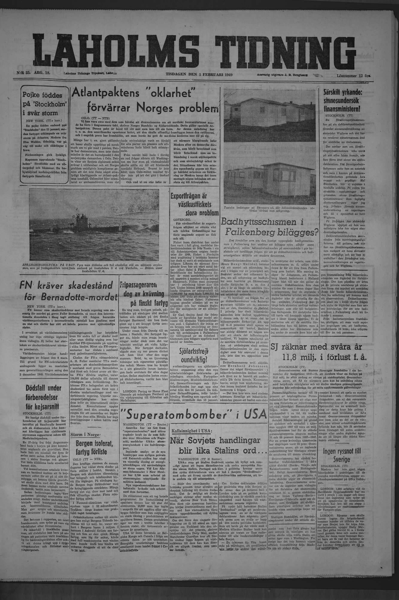 Laholms Tidning Tisdag 1 februari 1949, sida 1