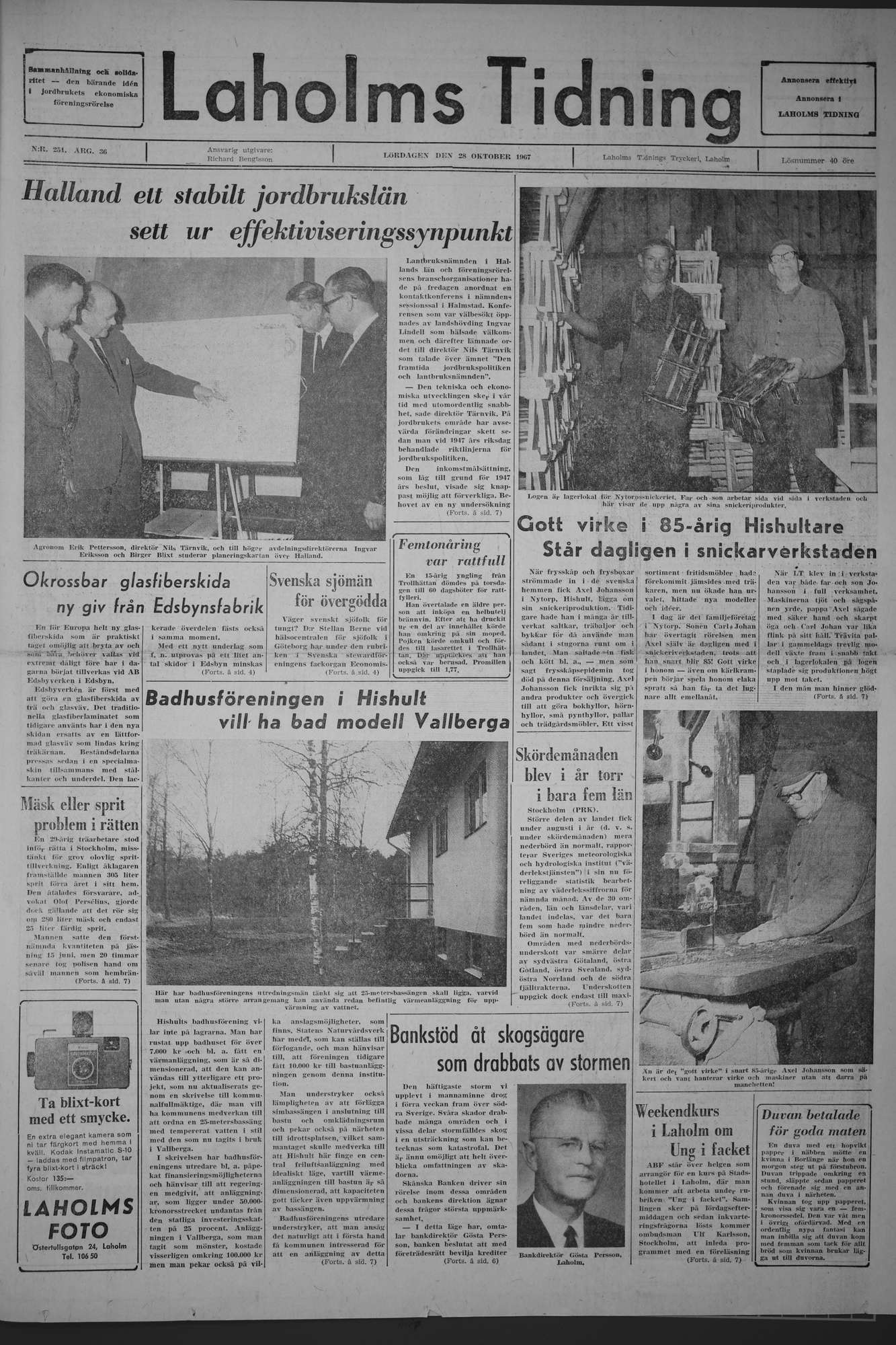 Laholms Tidning Lördag 28 oktober 1967, sida 1