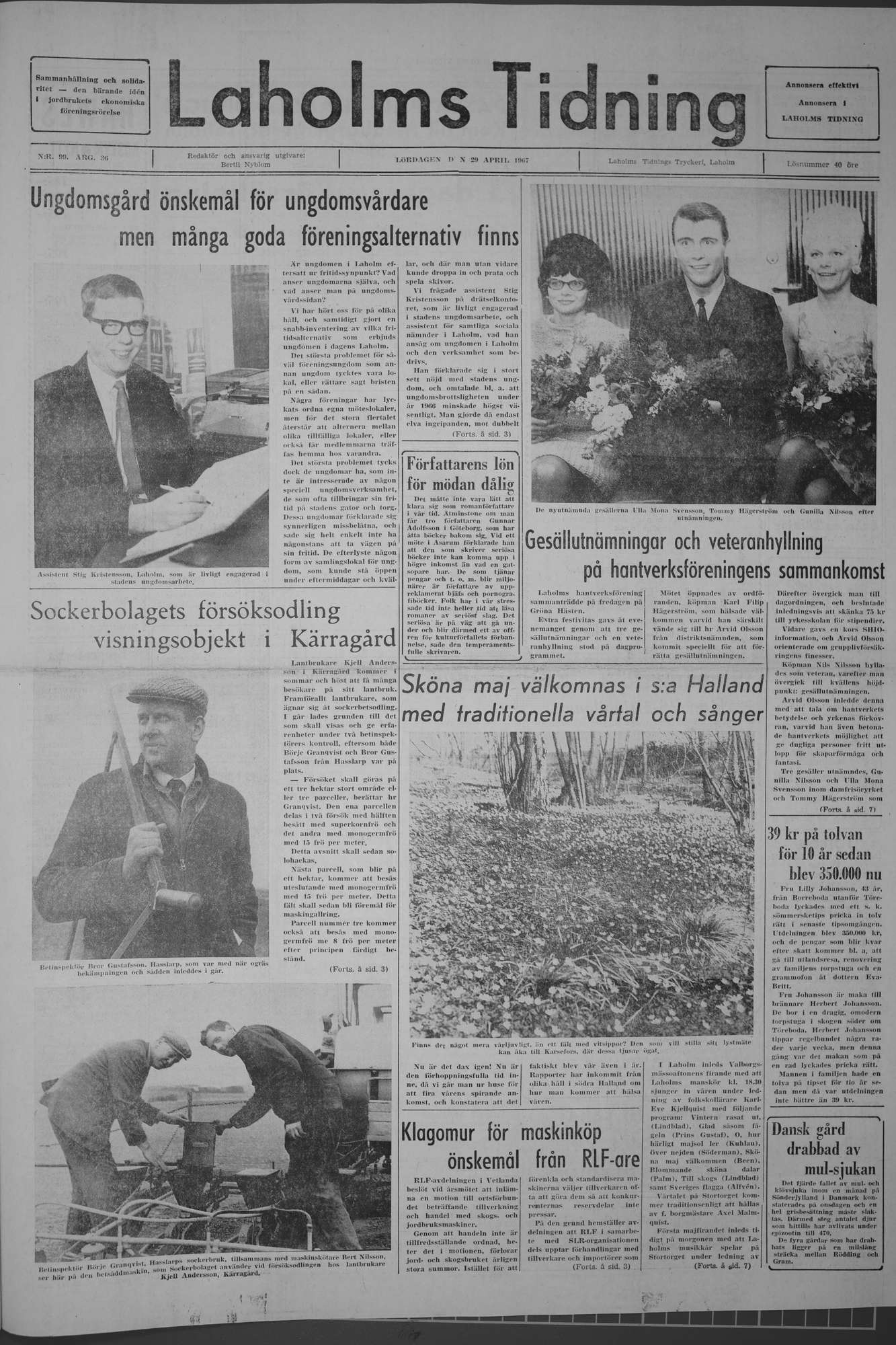 Laholms Tidning Lördag 29 april 1967, sida 1