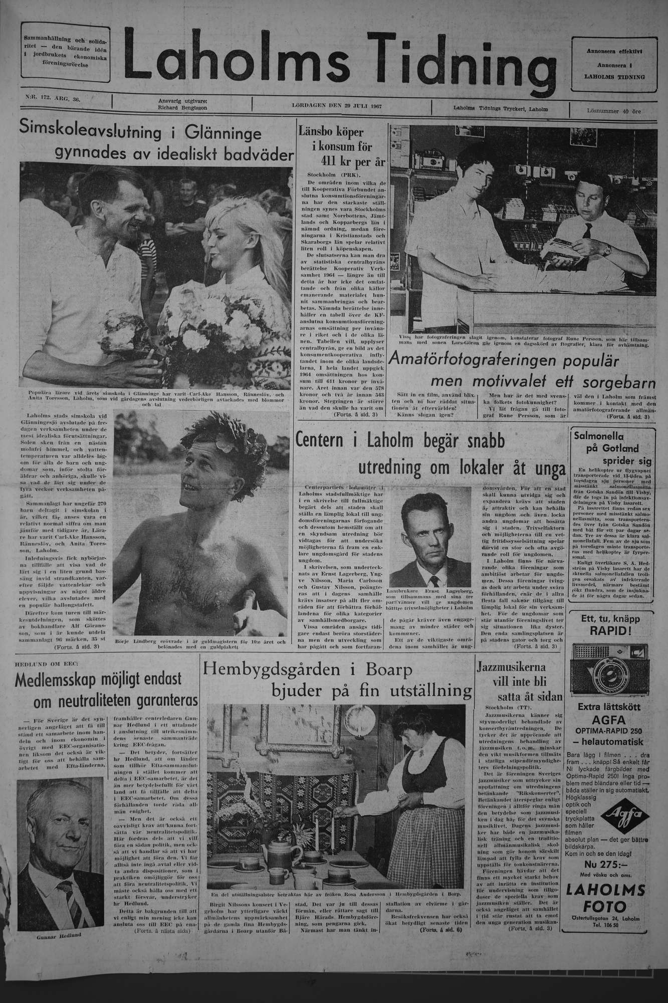 Laholms Tidning Lördag 29 juli 1967, sida 1