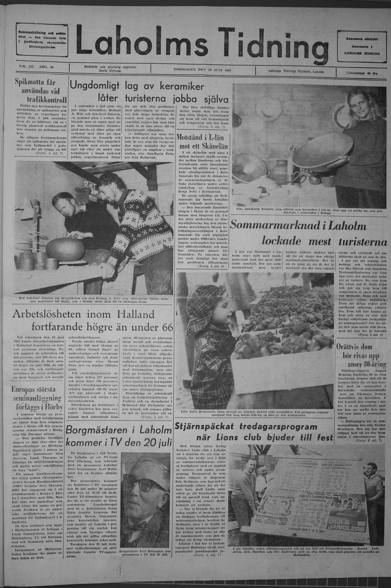 Laholms Tidning Torsdag 29 juni 1967, sida 1