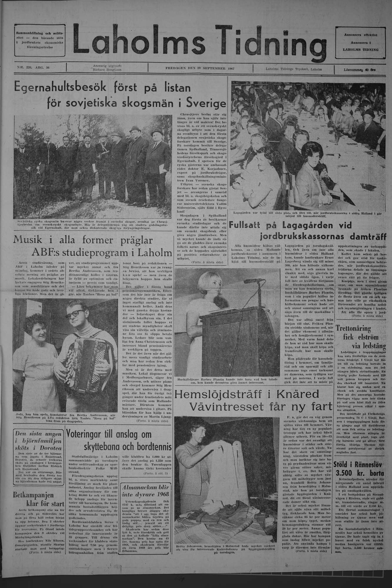 Laholms Tidning Fredag 29 september 1967, sida 1