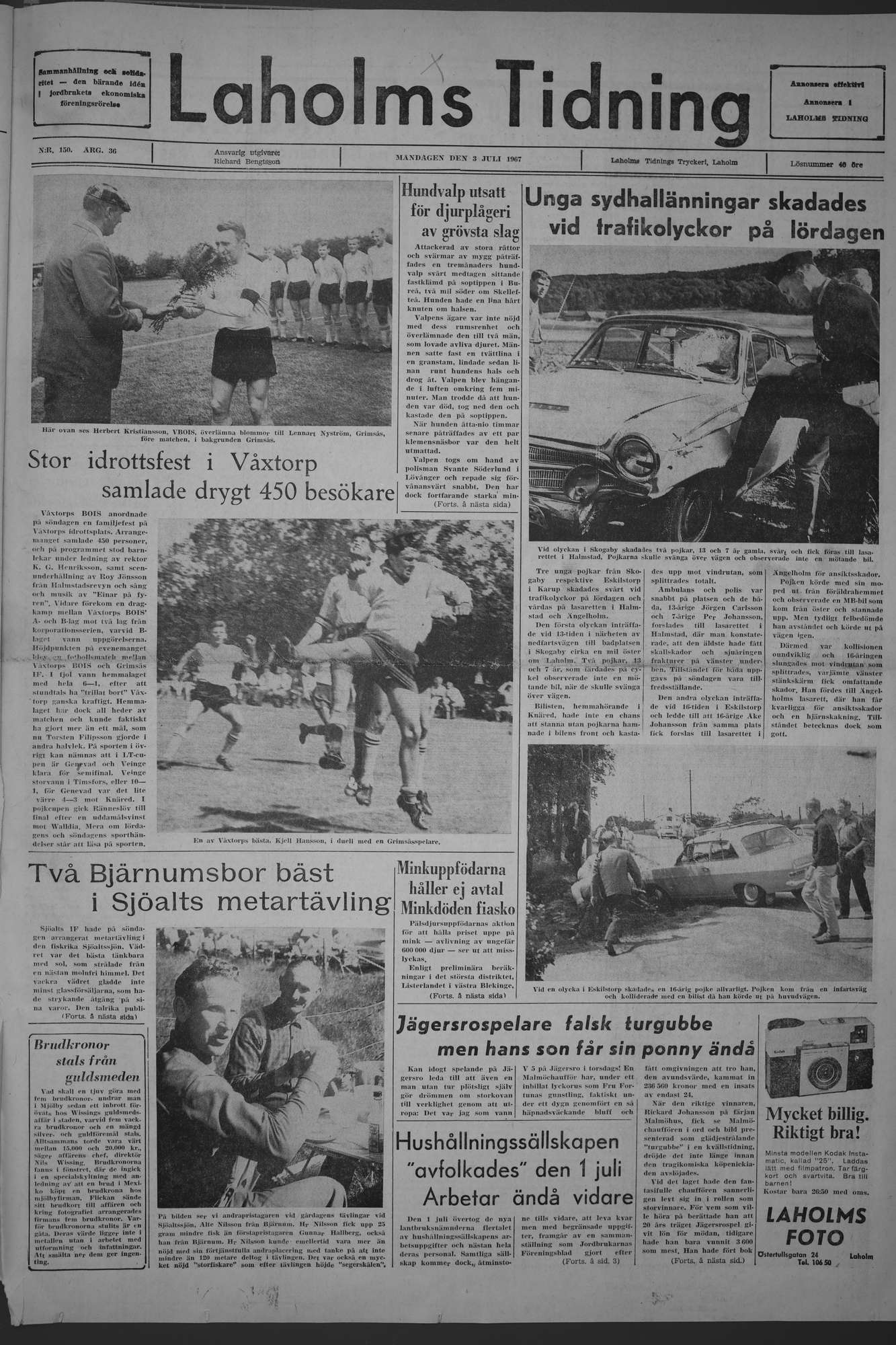 Laholms Tidning Måndag 3 juli 1967, sida 1