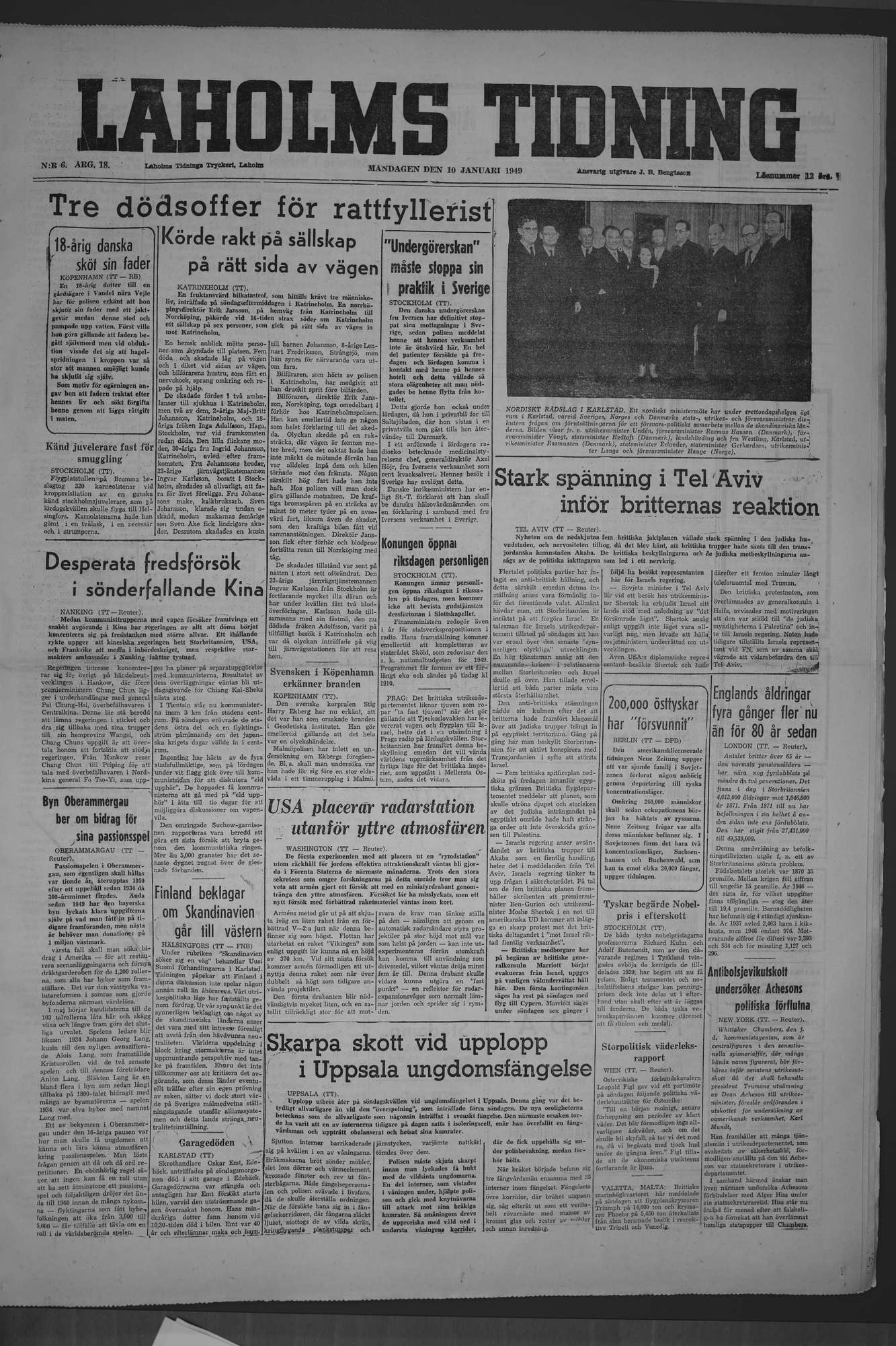 Laholms Tidning Måndag 10 januari 1949, sida 1