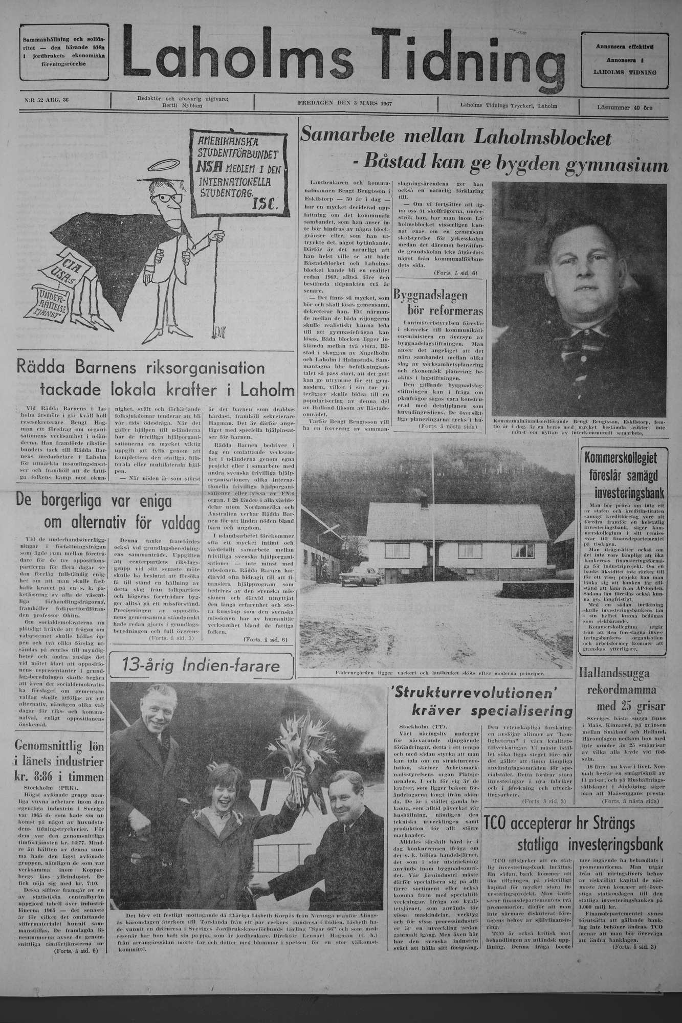 Laholms Tidning Fredag 3 mars 1967, sida 1