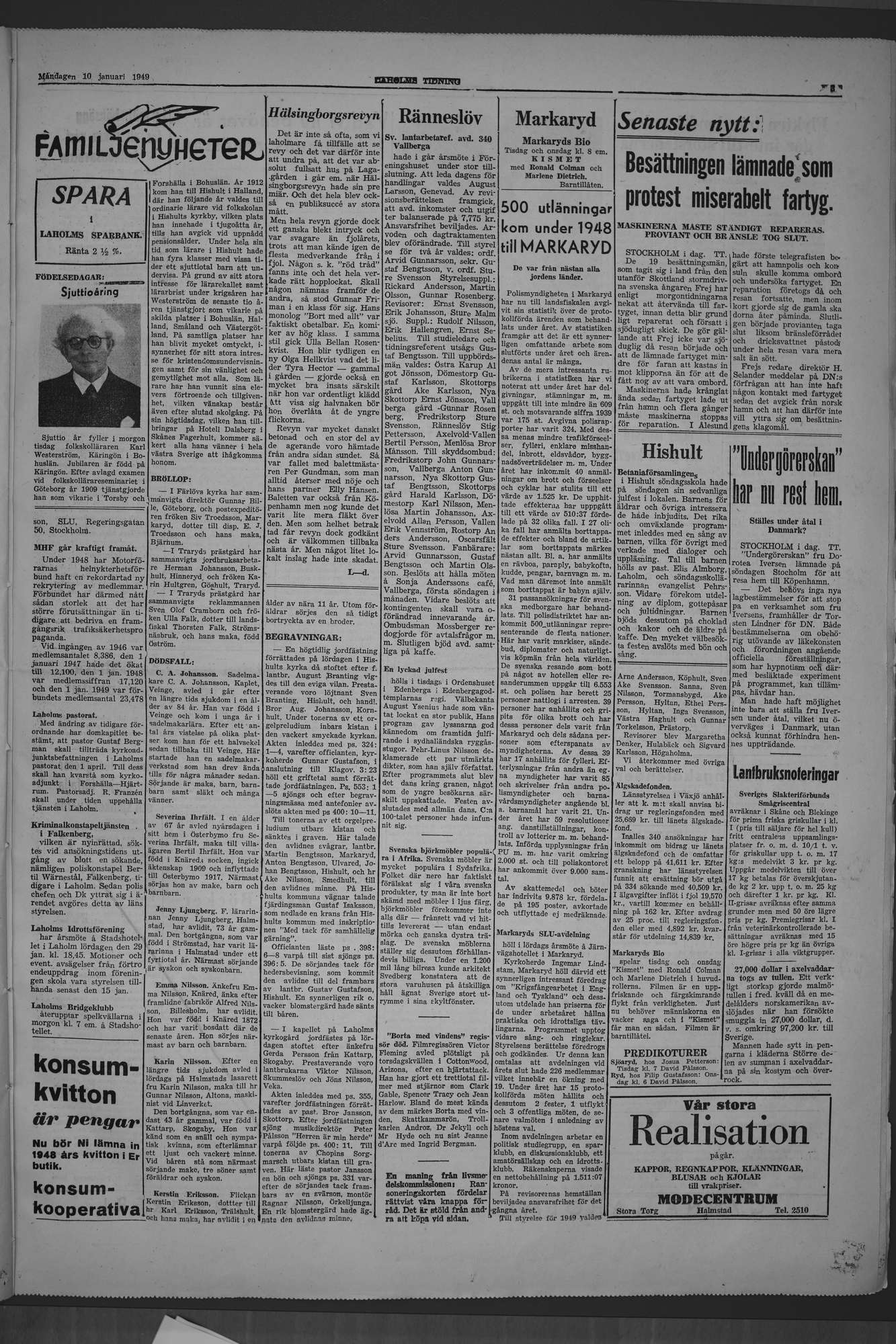 Laholms Tidning Måndag 10 januari 1949, sida 3