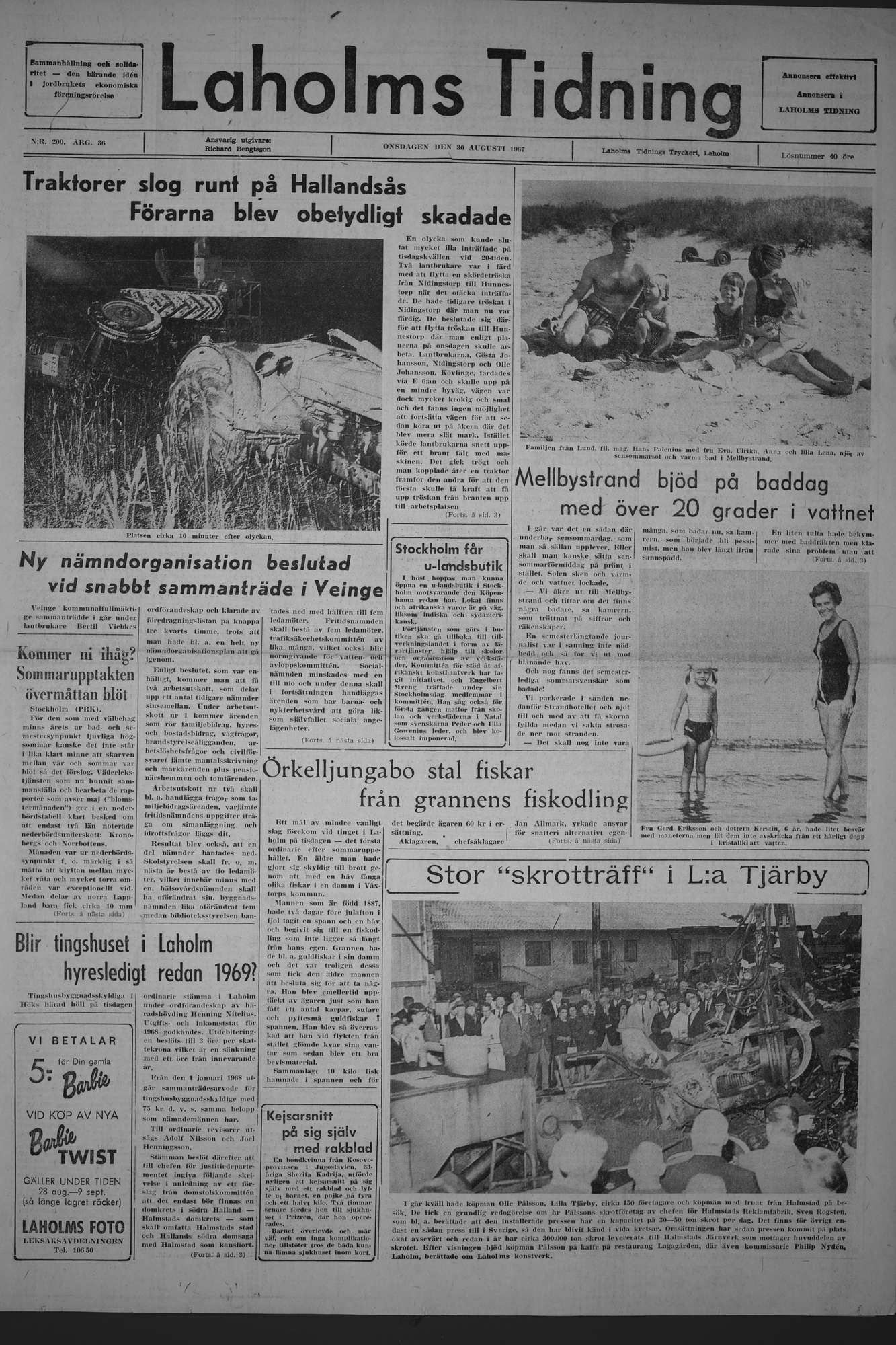 Laholms Tidning Onsdag 30 augusti 1967, sida 1