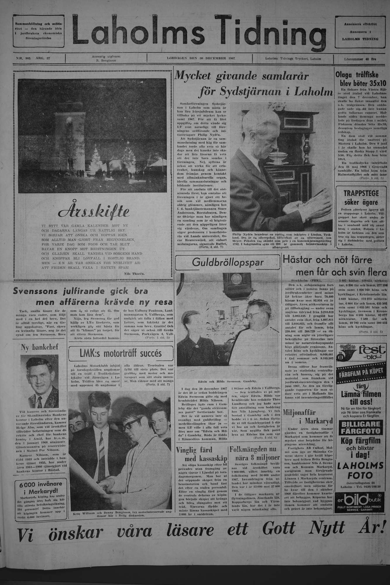 Laholms Tidning Lördag 30 december 1967, sida 1