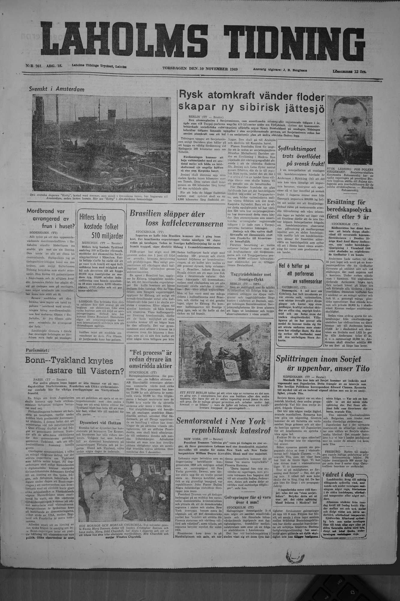 Laholms Tidning Torsdag 10 november 1949, sida 1