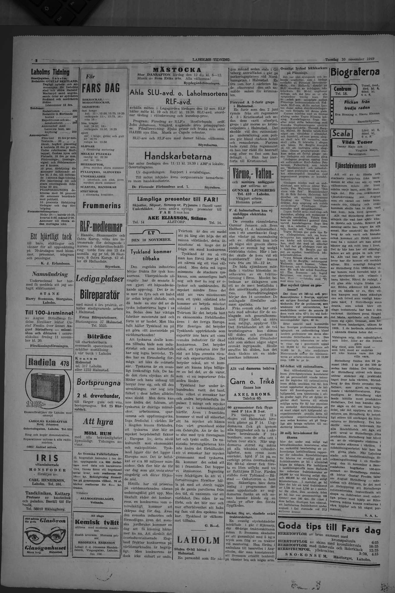 Laholms Tidning Torsdag 10 november 1949, sida 2